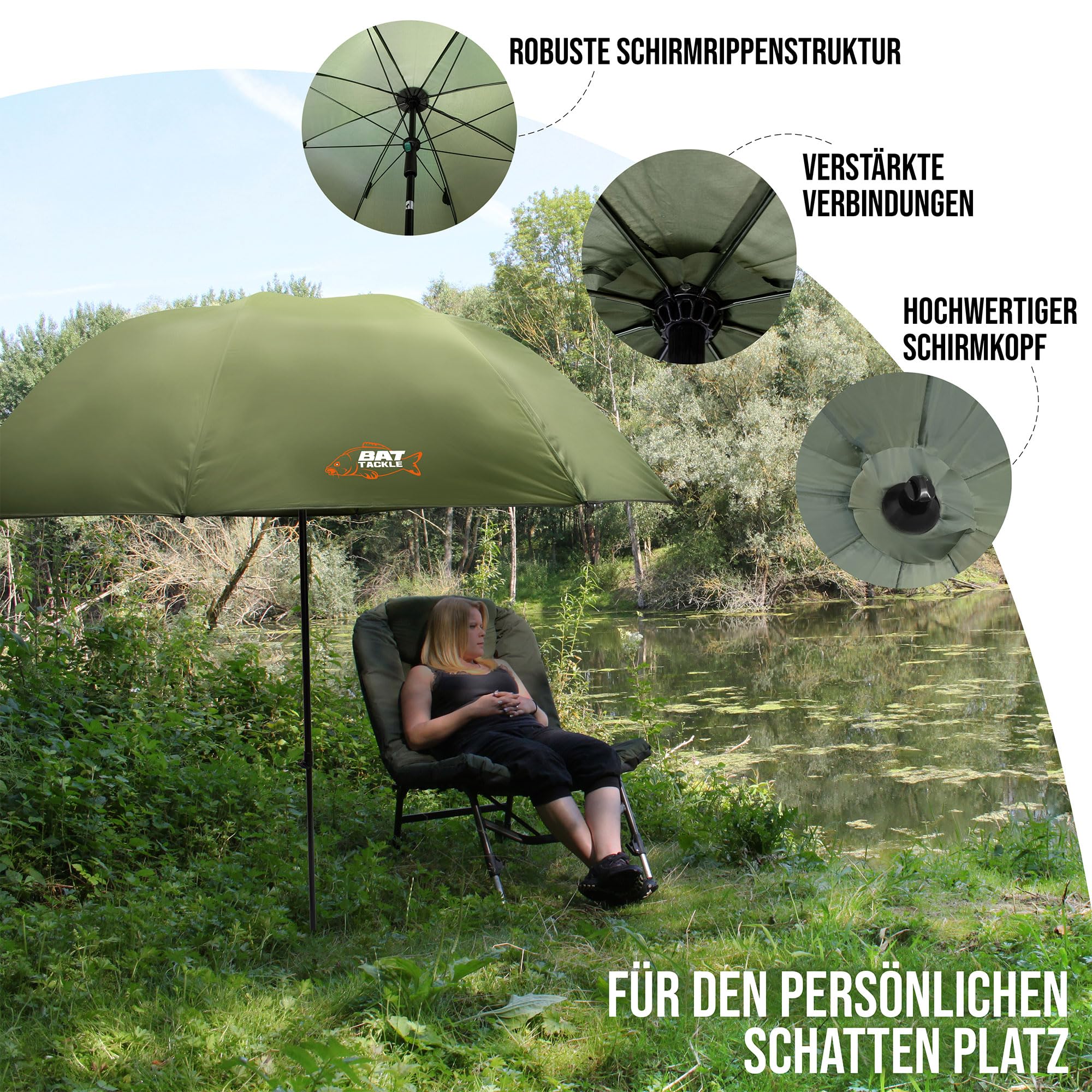 Nubrolly Angelschirm – Wasserdichtes PVC – 250cm oder 300cm Bogenmaß – 45° Neigungswinkel – Robuster Schirm für Angler – Inkl. Aluminiumstange – Sturmfest & UV-Schutz – Olivgrün