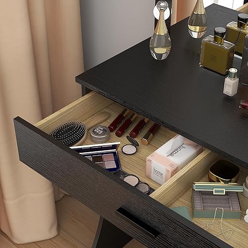 Miniatura 8 de Escritorio de tocador con espejo y luces, juego de tocador de maquillaje con luces ajustables, un cajón, mesa de maquillaje con taburete, escritorio