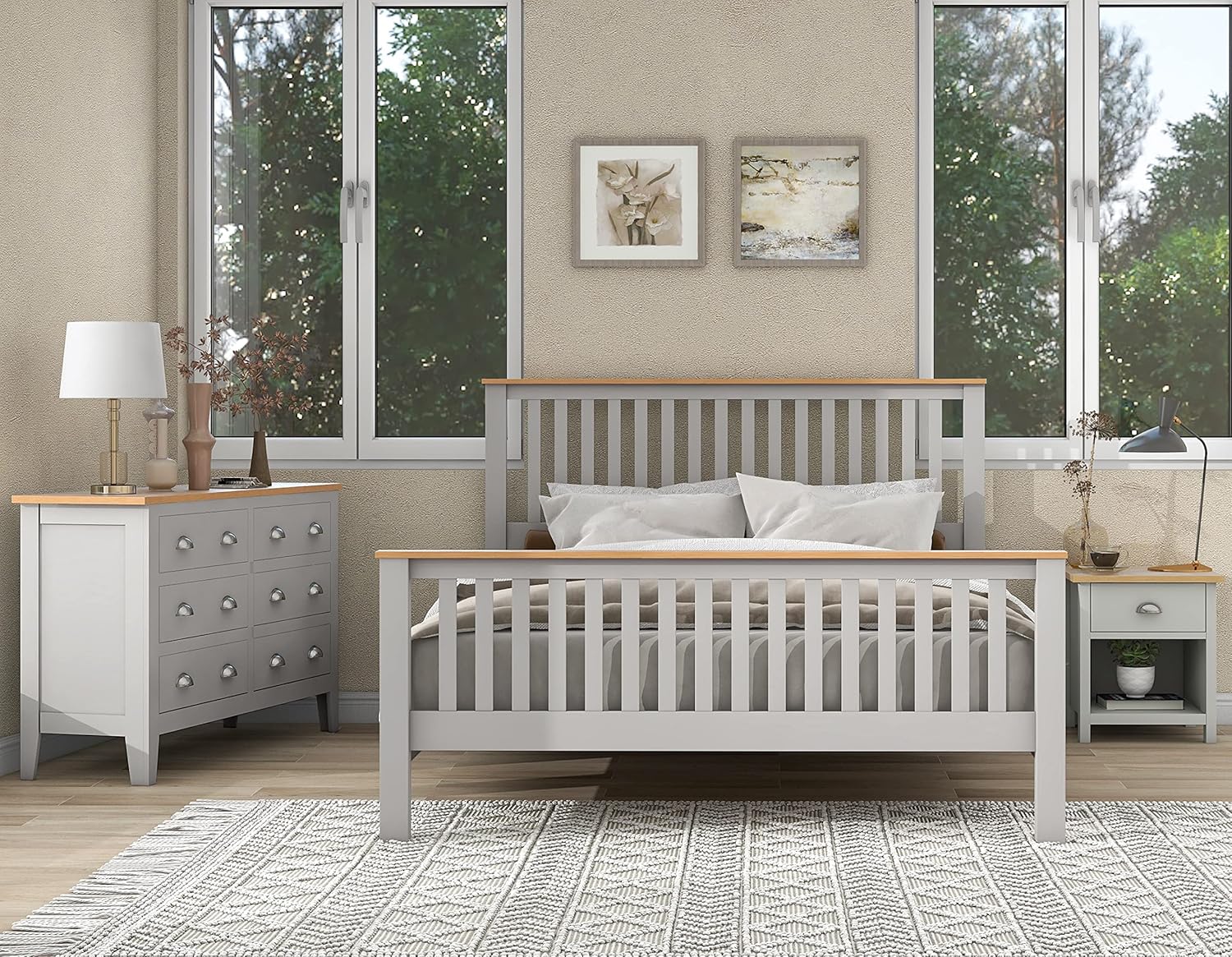3 Pieces Country Gray with Oak Top Bedroom Sets, King Bed