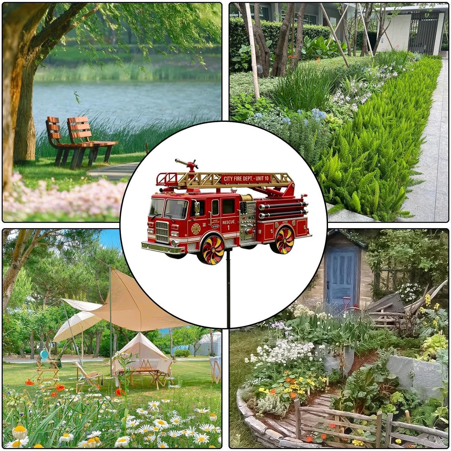 Fire Truck Ground Spinner - 195cm Weather-Resistant Vane, Metal Windmills Art, Rotating Sculptures, Garden Ornament | Decorative Stake Decor for Courtyard Backyard Patio Farmhouse Party