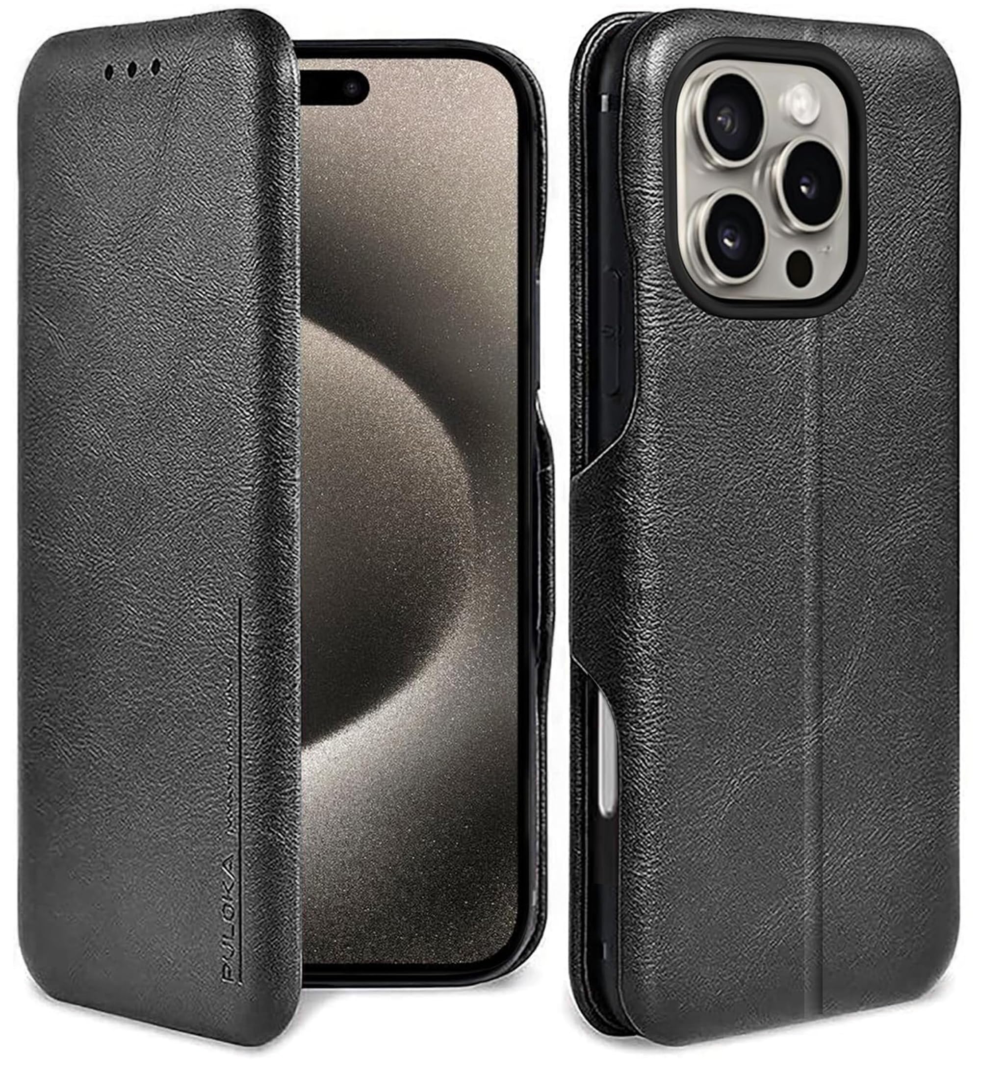 PULOKA - Sleek Flip Case- Compatible for iPhone 16 Pro - Premium Vegan Leather Phone Cover with Card Slot - Slim, Durable, Privacy Protection - Kickstand Function - Elegant Flip Wallet Cases- Black