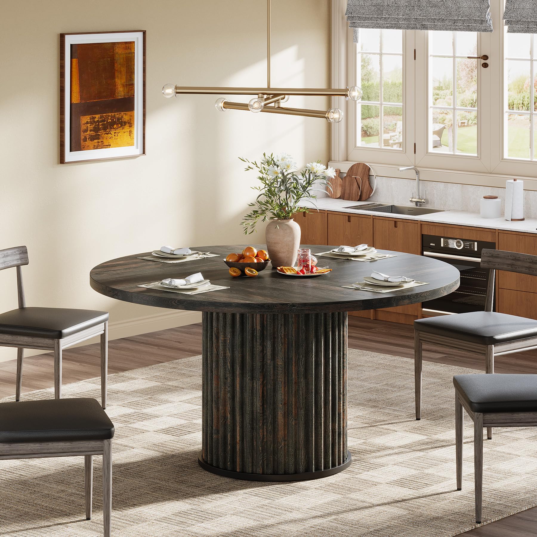 Tribesigns Tavolo da pranzo rotondo da 120 cm per 4 – 6 persone, moderno tavolo da cucina in MDF scanalato + base in metallo, robusto mobile rotondo per sala da pranzo, nero marrone