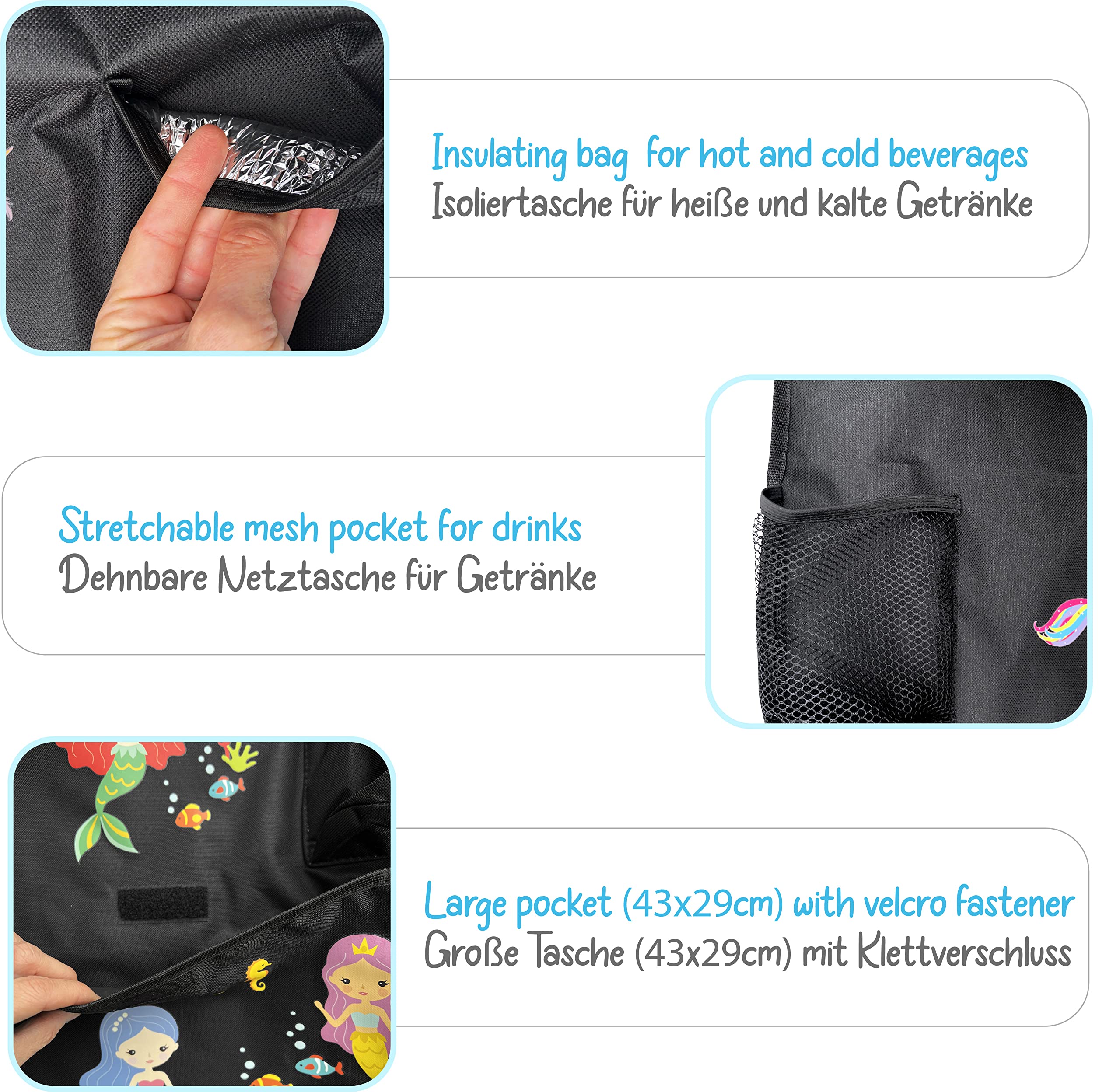 HECKBO 2x Children’s Car Seat Back Protector Organisers with Adjustable Tablet Holder & Storage Pockets - Mermaid Design - Image 3