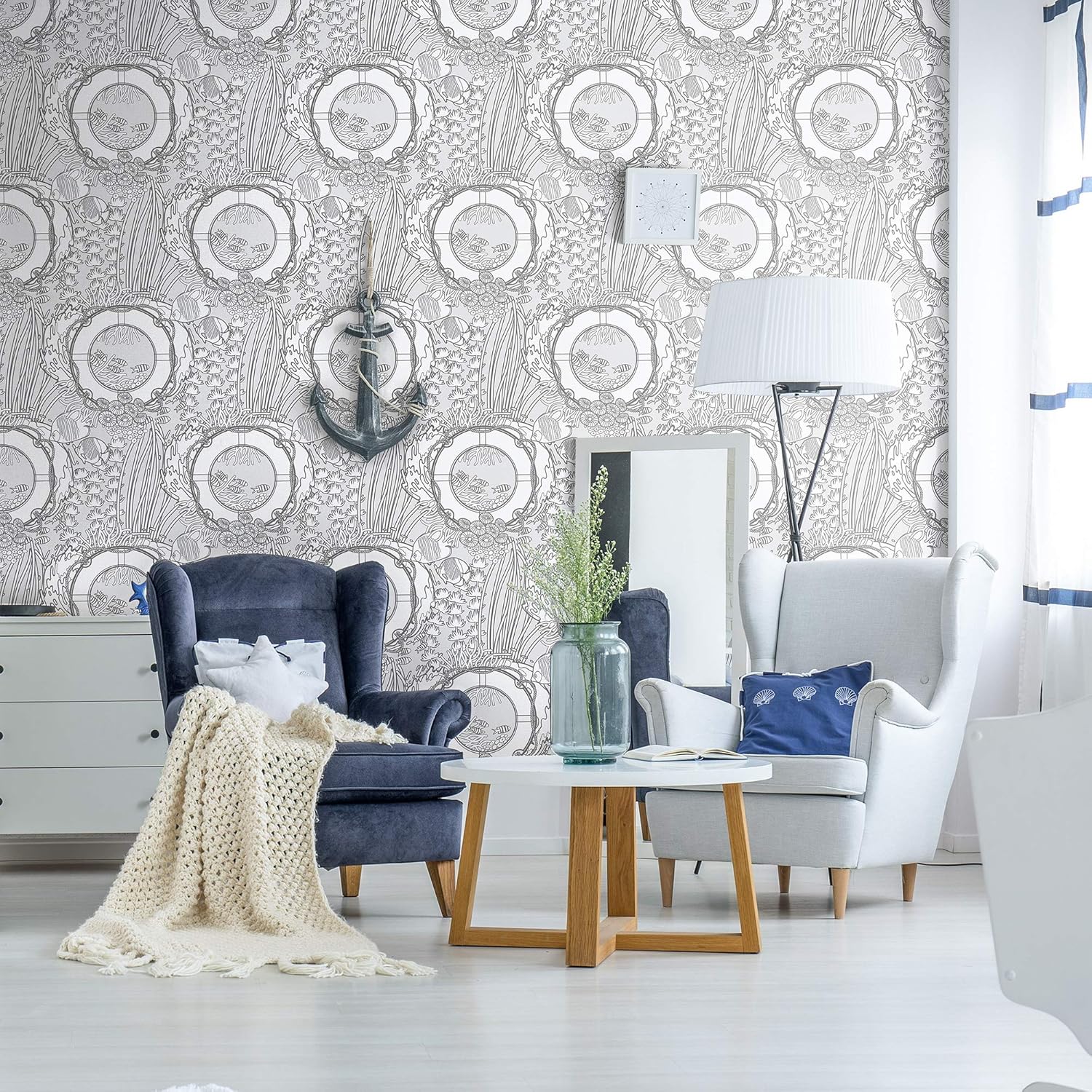 Walls By Me Peel and Stick White and Grey Fish Nautical Removable Wallpaper 0518-2ft x 4ft (61x122cm)