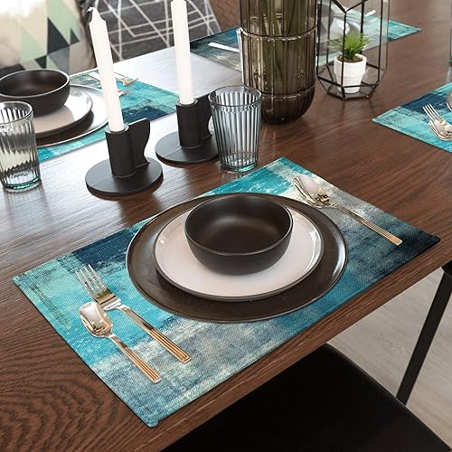 Miniatura 7 de Juego de 4 manteles individuales de arte moderno, color turquesa, pintura abstracta, lavables, de lino, verde azulado, para cocina, mesa de comedor,