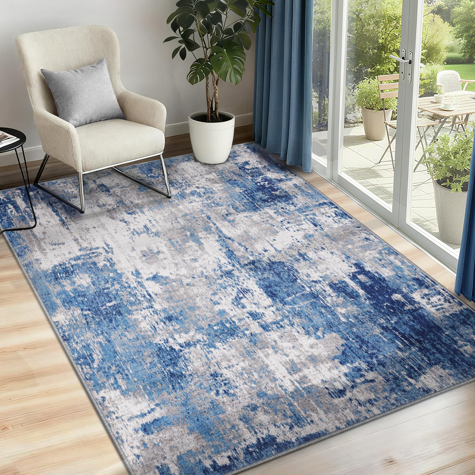 INOVADAY Washable Rugs Living Room 90x150 cm Modern Abstract Rug with Soft Low Pile Vacuum Friendly Non Slip Backing Minimalist Carpet for Lounge Bedroom Dining Room Home Office Blue/Grey