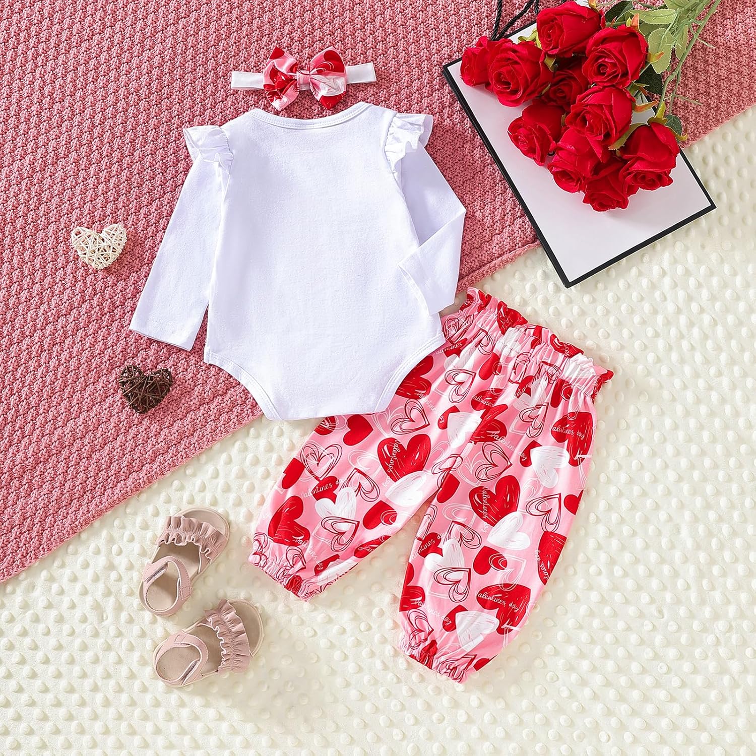 Newborn Infant Baby Girl My First Valentines Day Outfit long Sleeve Onesie Romper love Heart Print Pants And Headband - Image 4