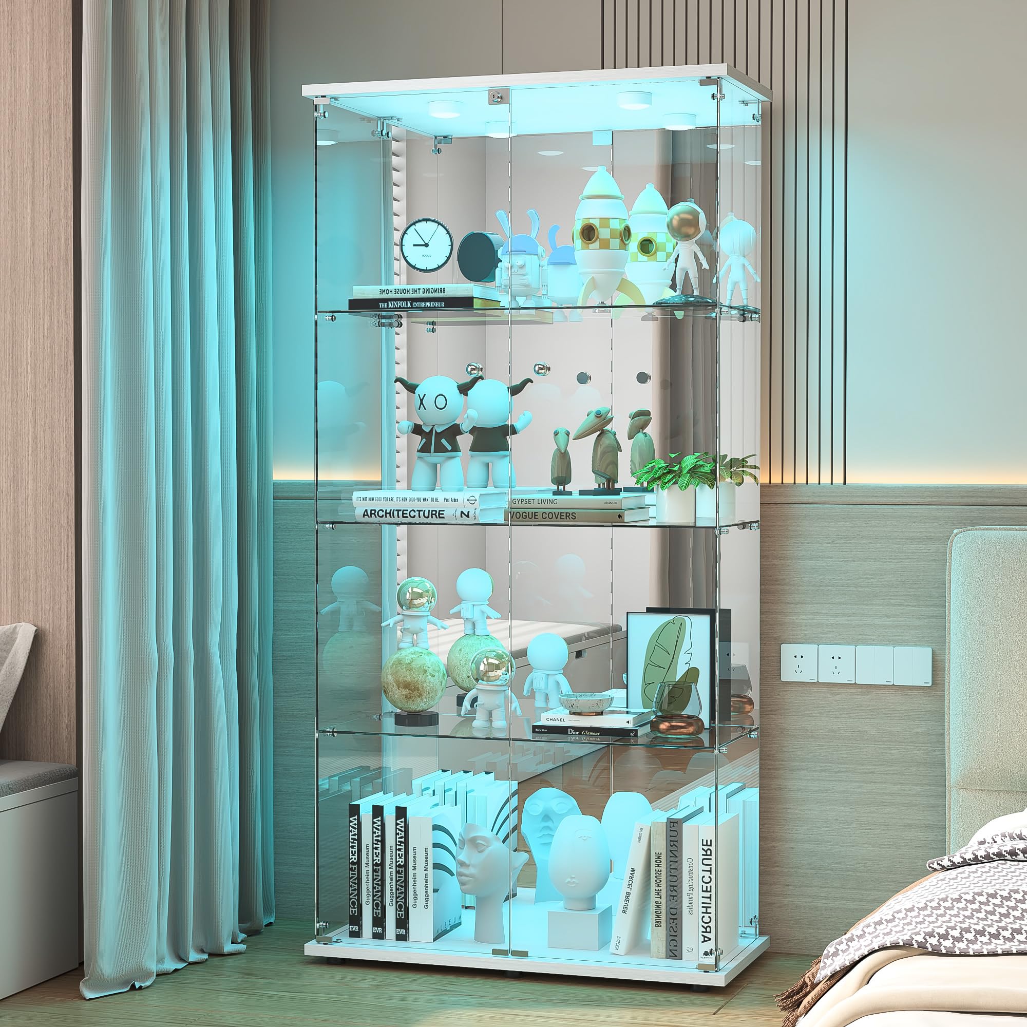 Vetrina in vetro con LED, armadio vetrina da collezione, 2 ante a serratura, 4 ripiani e fondo specchio, 164 x 80,5 x 36,5 cm, bianco