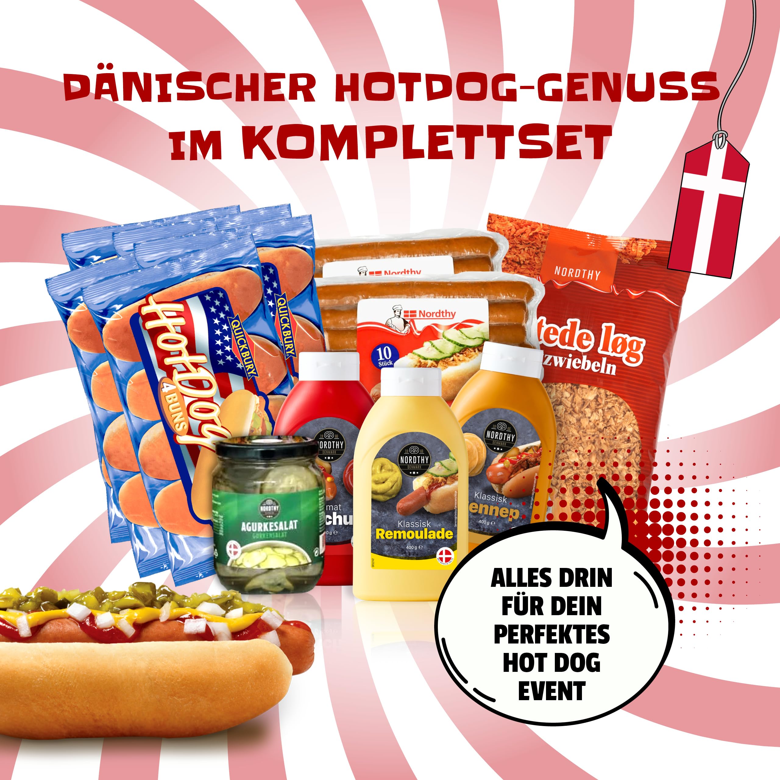 Nordthy Original Dänisches Hot Dog Set für 20x Hotdogs – Komplett Party Paket mit leckeren Würstchen/Brötchen/Hot Dog Saucen/Remoulade/Gurken – Premium Hot Dog Paket im NeedforSweet Karton