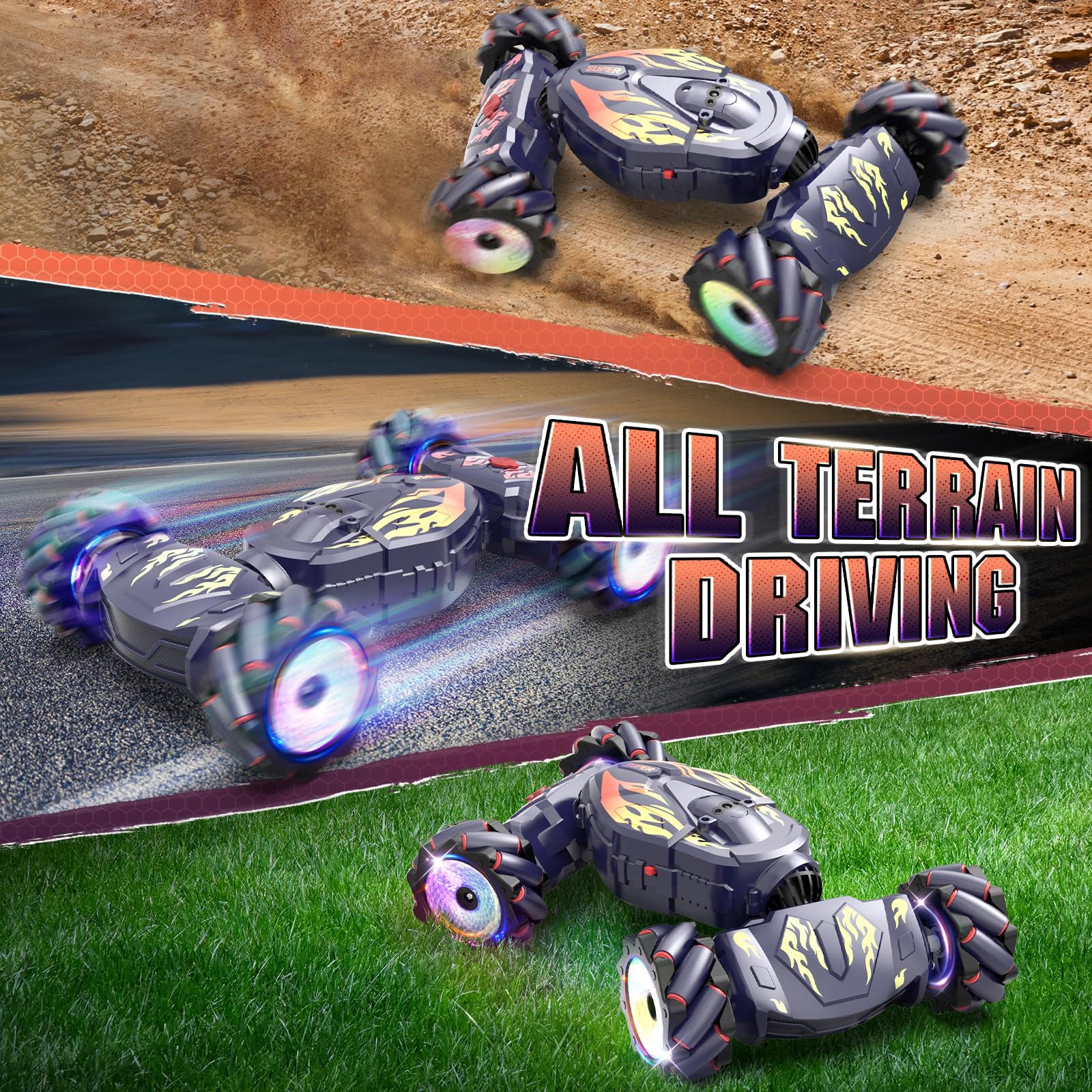 Nitigo Coche Teledirigido para Niños, Coche Acrobático Telecomandado 4x4 con Música Spray y Luces, Coche RC Drift RC Car con la Mano Rotación 360°, Regalo Juguetes Niño Niña 5 6 7 8 9 10 11 Años
