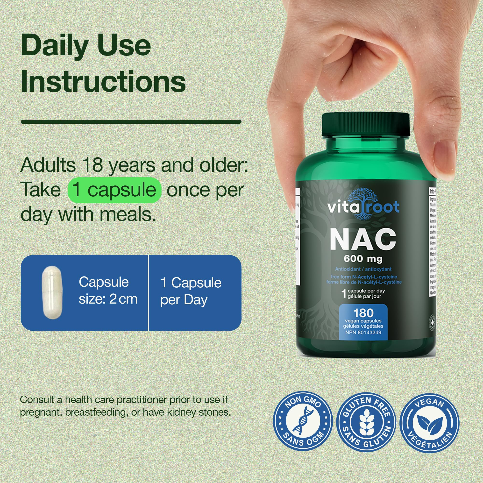VitaRoot NAC 600mg – 180 Capsules N-Acetyl Cysteine with Glycine Support – High Potency Antioxidant Formula – Vegan, Non-GMO, Made in Canada - 4