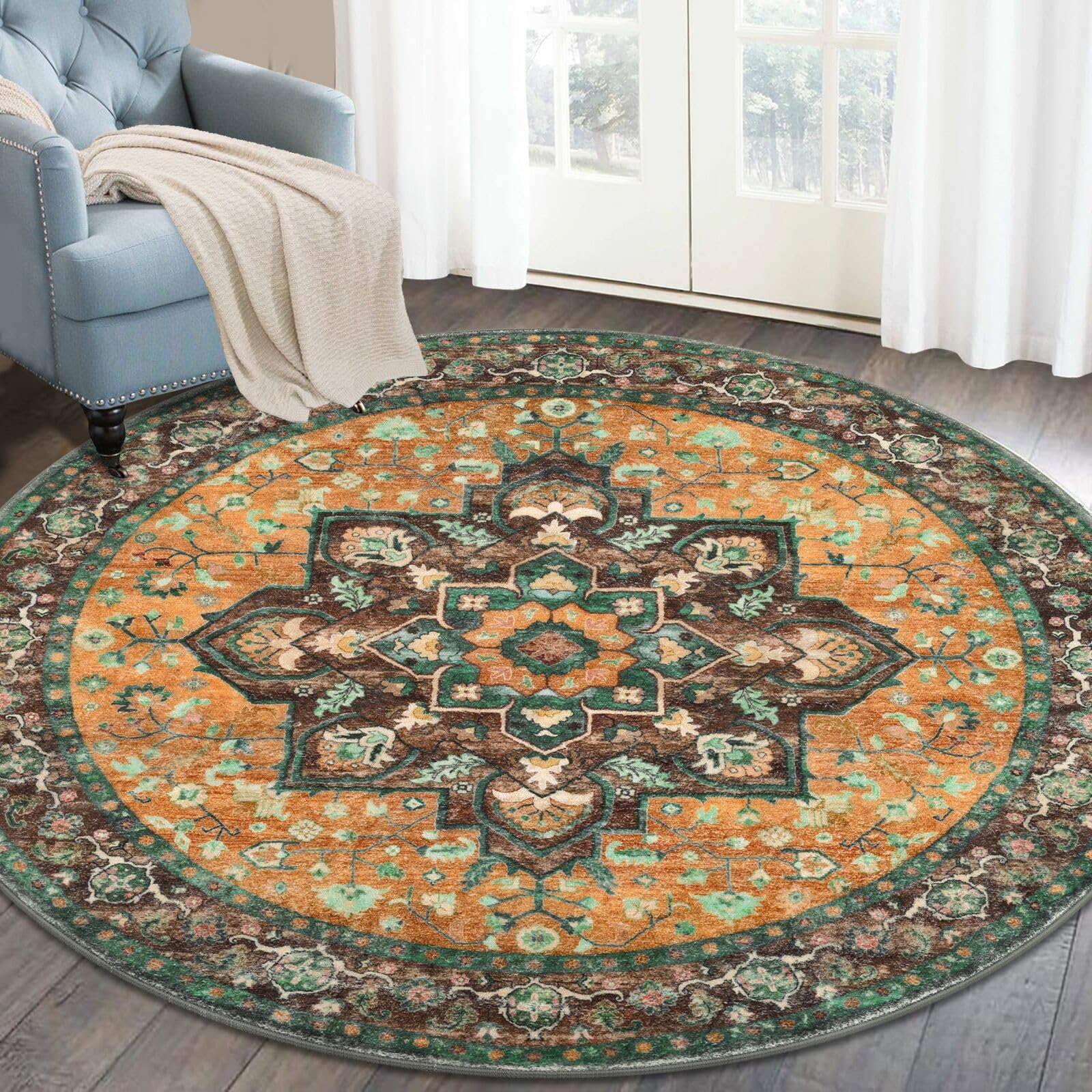 HEBE Washable Round Area Rug 4ft Non Slip Vintage Circle Rugs for Bedroom Soft Non Shedding Boho Round