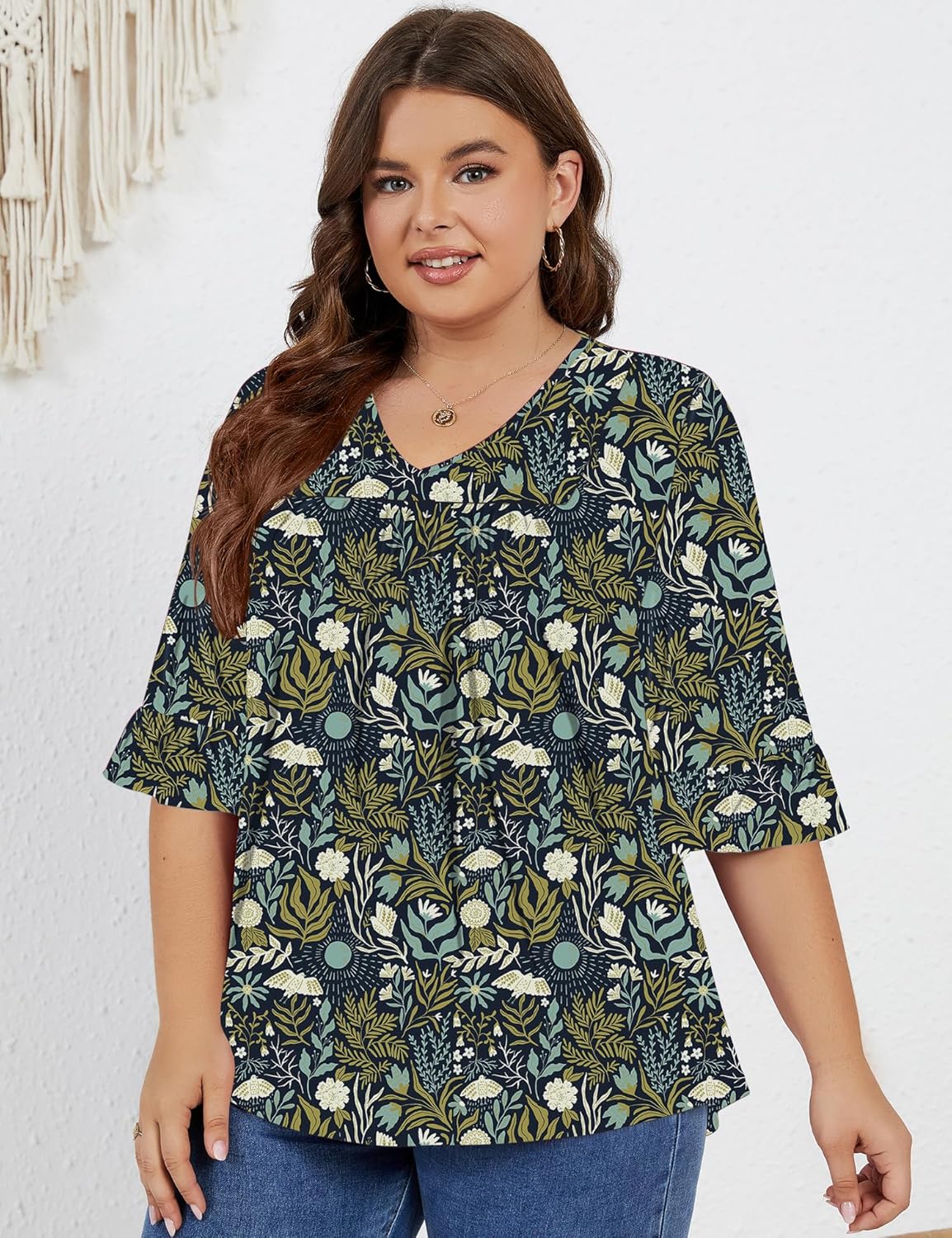 Micoson Womens Plus Size Tops 3/4 Ruffle Sleeve Shirt Casual V Neck Pleated T Shirt Loose Fit Tunic Blouse(1X-5X) - Image 3