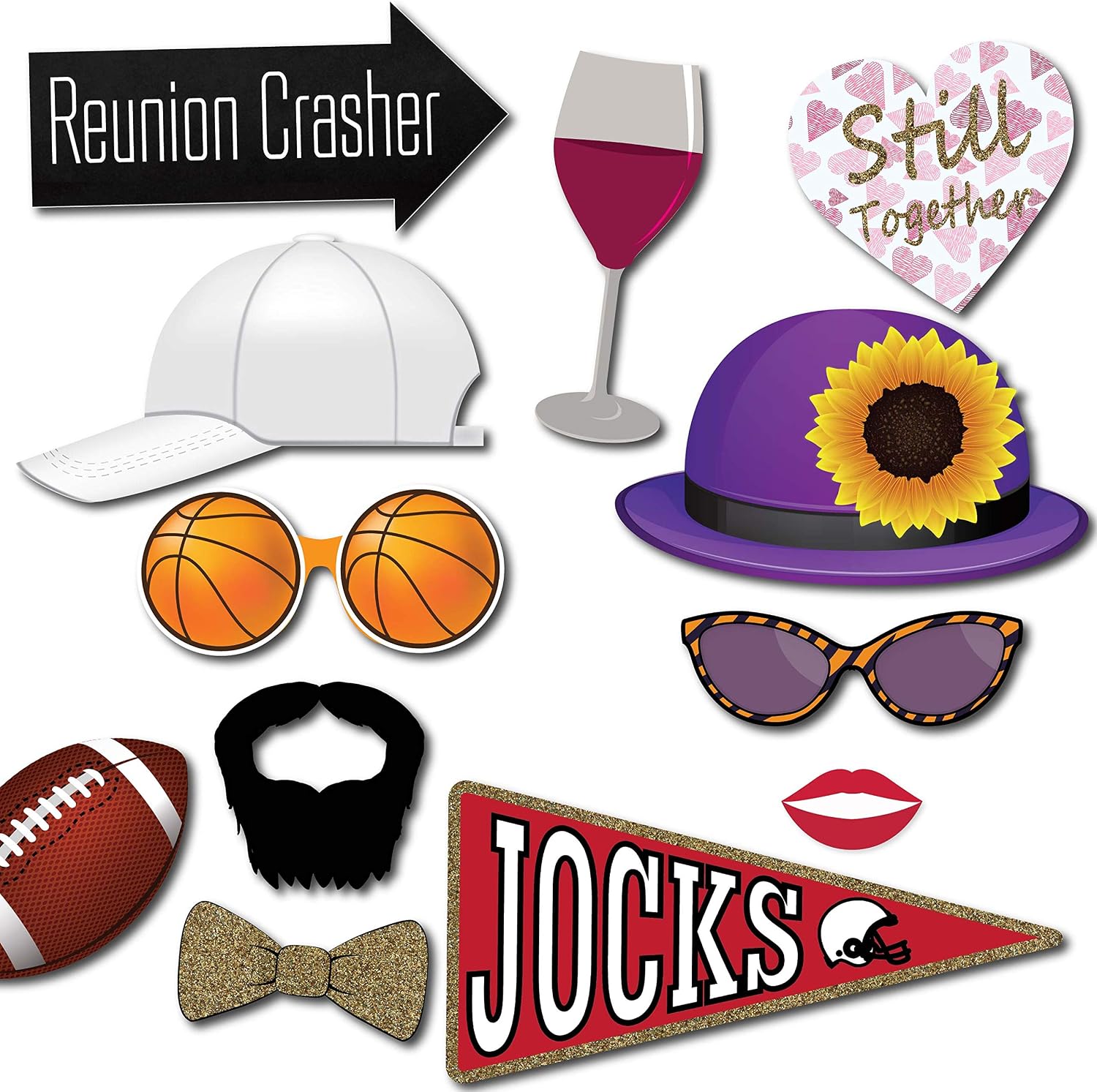 Class Reunion Photo Booth Props - 41-pc Photo Prop Kit with 8 x 10-Inch Sign, 60 Adhesive Pads, 45 Sticks - High School Reunion Decorations - School Photo Booth Props