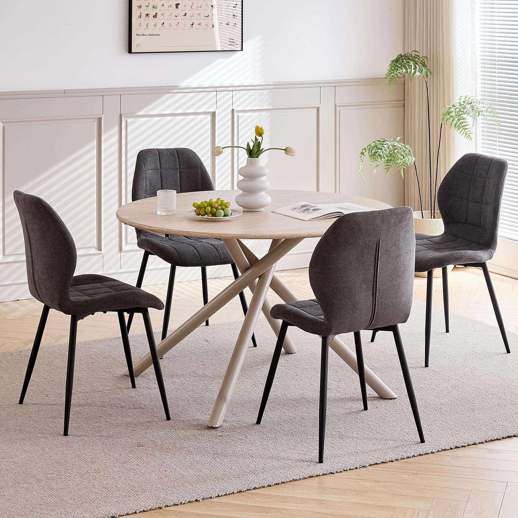 GrandCA HOME Set tavolo e sedie da pranzo nordico, tavolo da pranzo rotondo 115cm e 4 sedie da cucina imbottite, adatto per cucina, sala da pranzo e soggiorno (Travertino Giallo+grigio)