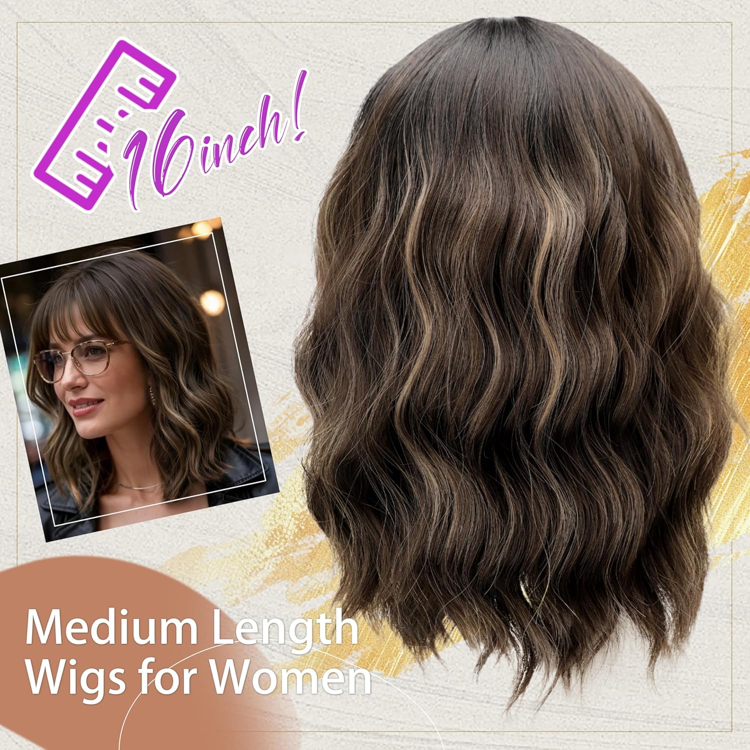 Nnzes Short Wavy Bob Wig with Bangs for Women Shoulder Length Curly Soft Blonde Highlights with Brown Synthetic Heat-Resistant Fiber Hair for Daily & Party Use