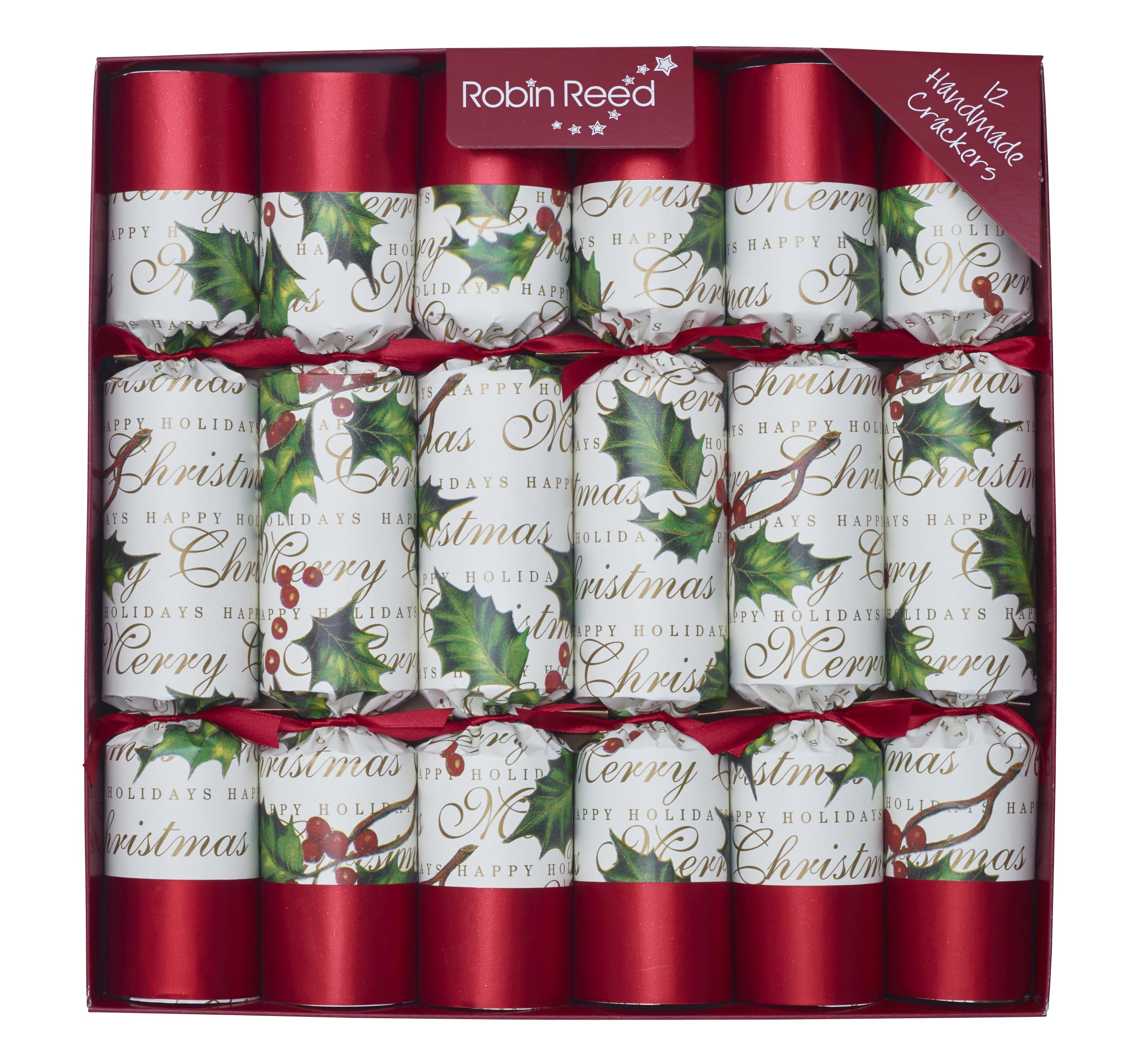 Robin Reed 12 x 12 inch (30cm) Handmade Christmas Crackers Classic Bows and Berries - 628