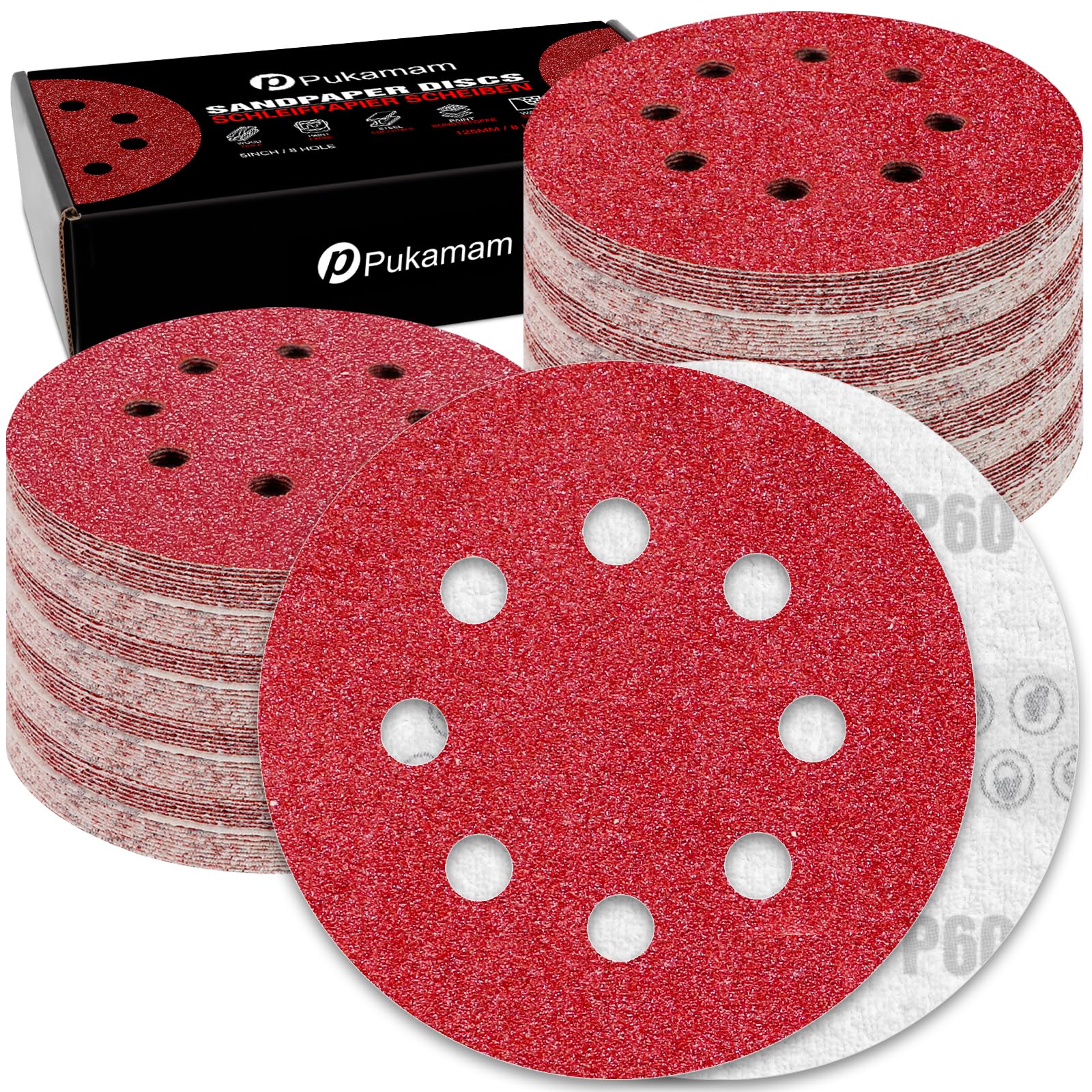 120 Pcs 5 inch Sanding Discs 60 Grit 8 Hole Hook and Loop Round Sandpaper for Random Orbital Sander