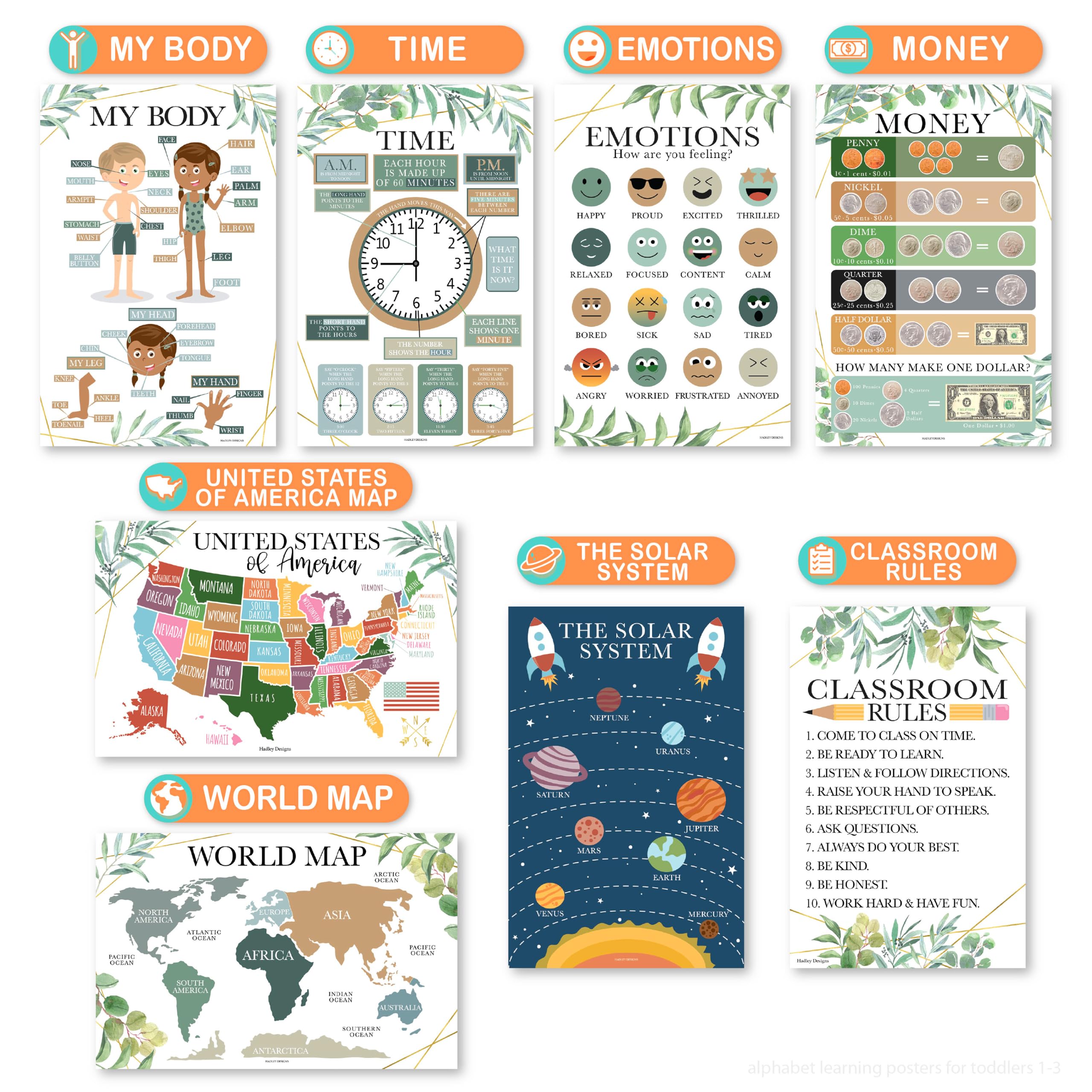 Hadley Designs Lot de 16 affiches murales éducatives de verdure – Apprentissage préscolaire, alphabet, chiffres, formes, géographie, science pour salle de classe, école à domicile