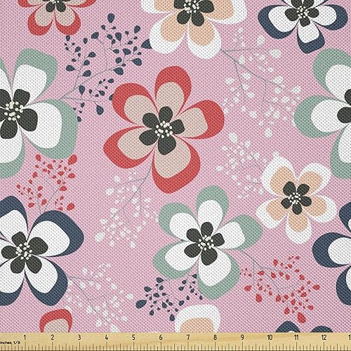 Ambesonne Floral Fabric by The Yard, Colorful Romantic Spring Flowers Blooms Leaves Modern Digital Art Drawing, Decorative Satin Fabric for Home
