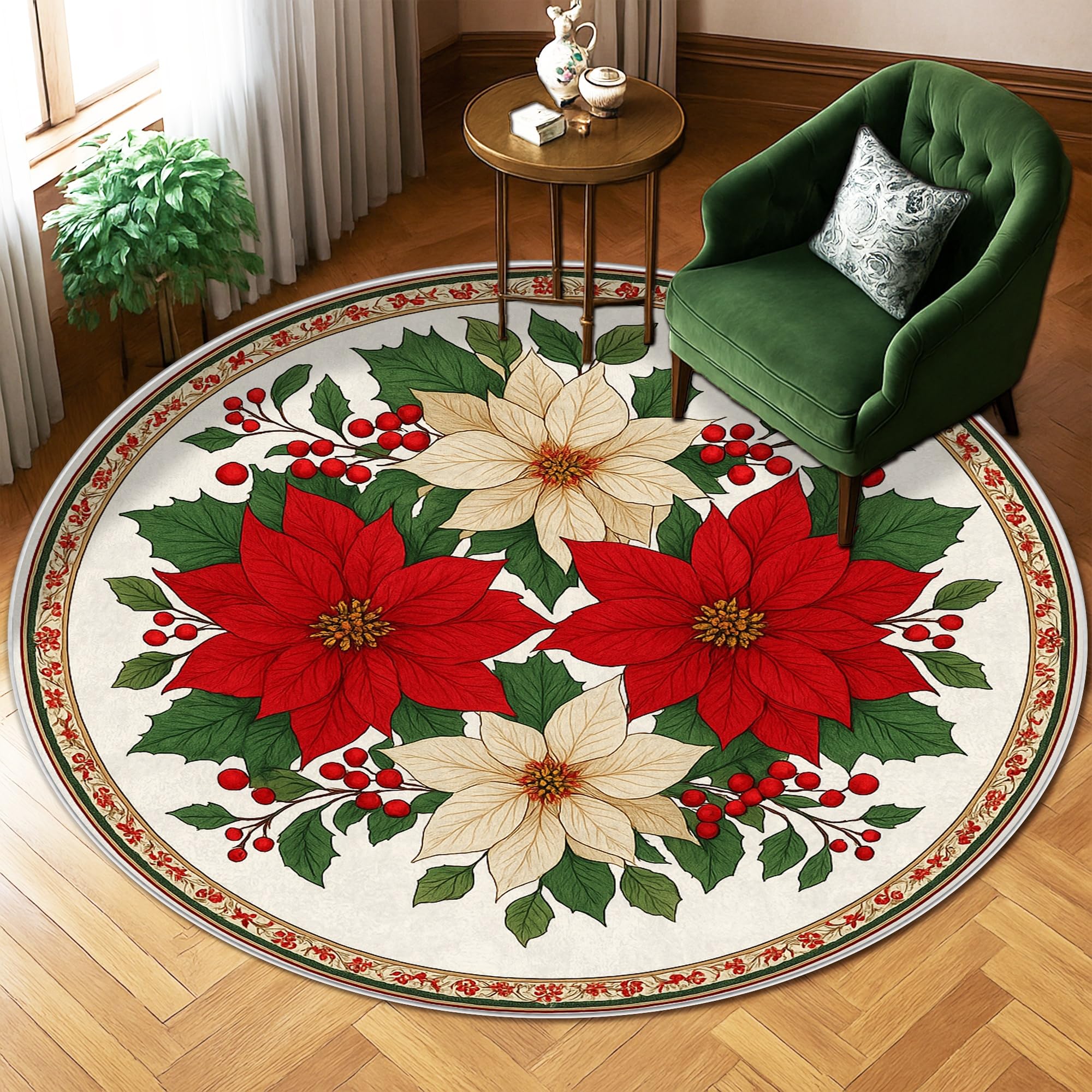 Moquette ronde Poinsettia pour créer un coin lecture festif au salon
