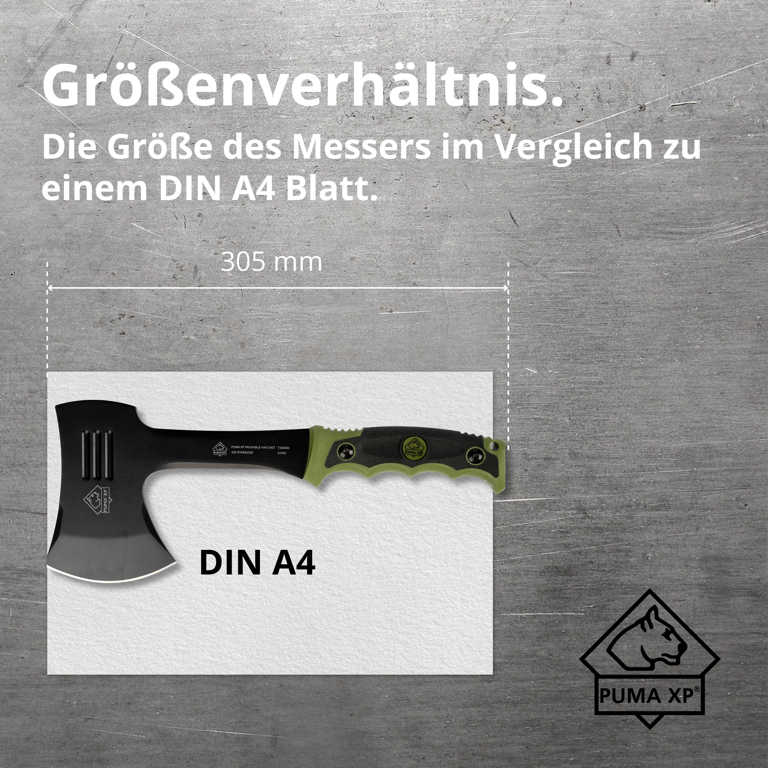 PUMA XP - Packable Hatchet – Kompaktes Outdoor-Beil Olivgrün mit 90 mm Schneide & 305 mm Gesamtlänge – 5 mm Starke Klinge aus 440 Stahl (55-57 HRC) – Rutschfester Gummigriff – inkl. Nylon-Scheide