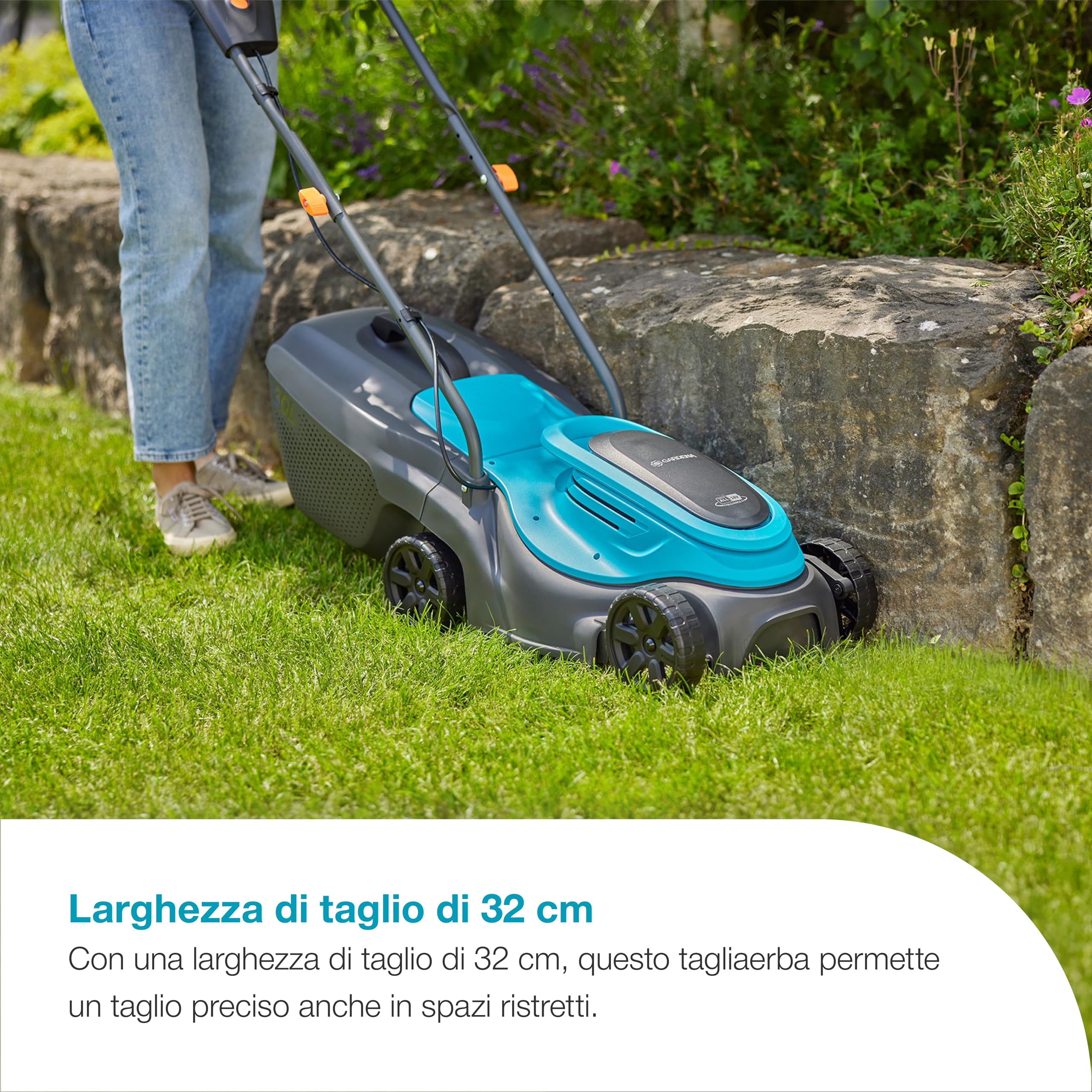 Gardena EasyMax+ 32/18V Ready-To-Use Set Rasaerba a Batteria, larghezza di taglio 32 cm, inclusa batteria POWER FOR ALL, leggero e maneggevole, ideale per prati fino a 200 m² (14634-60)