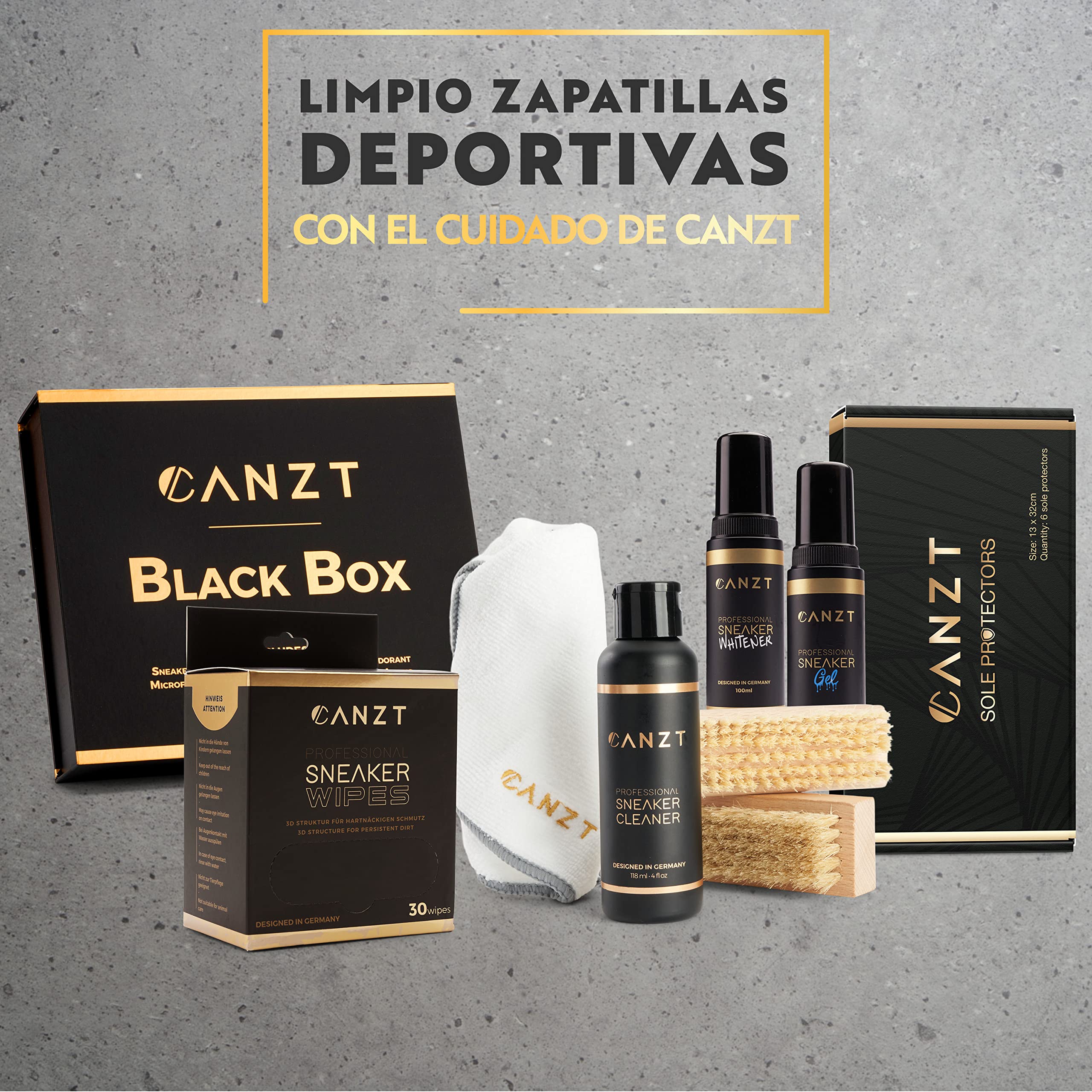 Canzt Black Box – Kit limpieza zapatillas premium con limpiador de zapatillas, toallitas, desodorante, cepillos y paño de microfibra para cuero, ante, nubuck y textil
