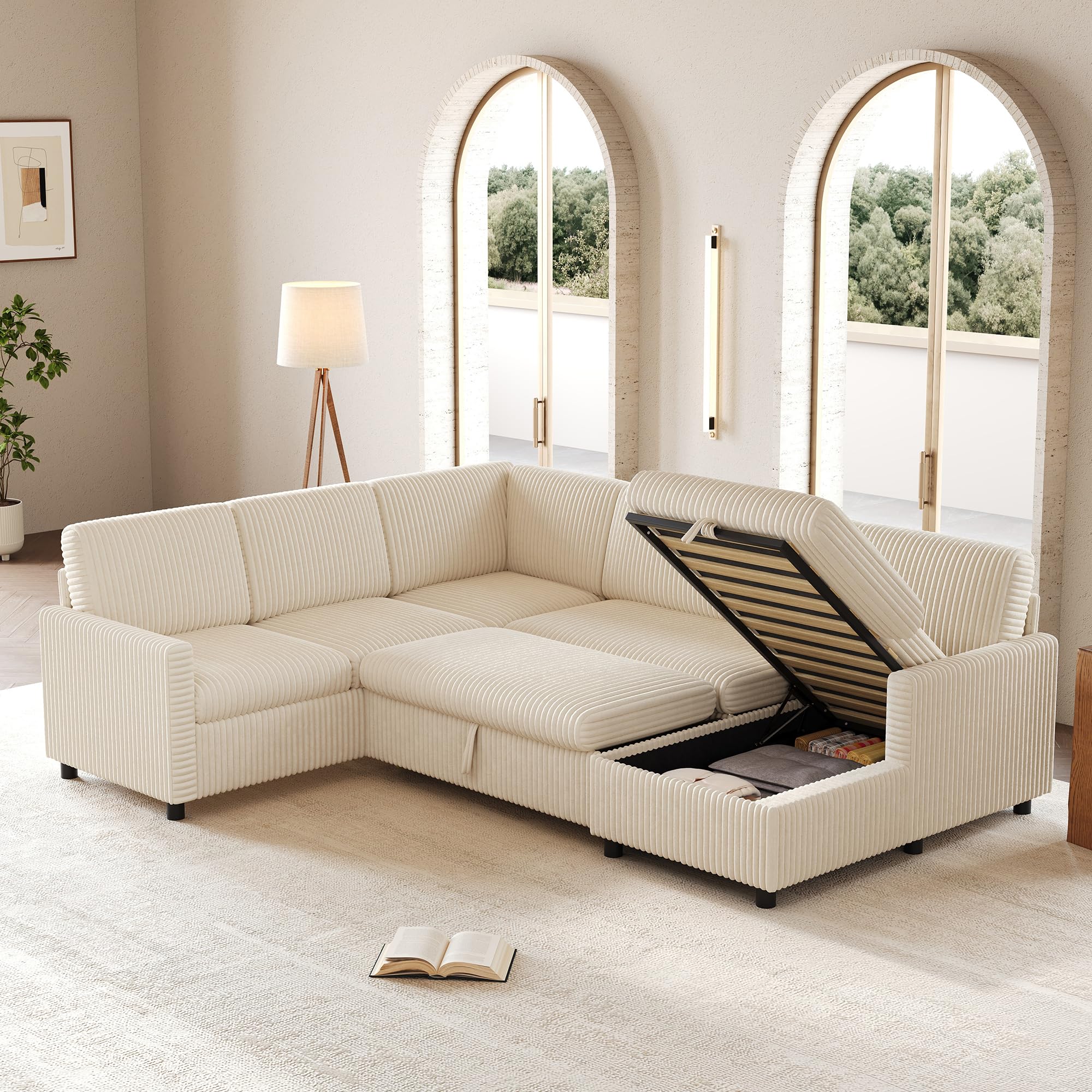 Sofá cama esquinero moderno en forma de L de 274 cm con función de dormir, sofá cama extensible, tela de pana gruesa, chaise longue con espacio de almacenamiento (beige)