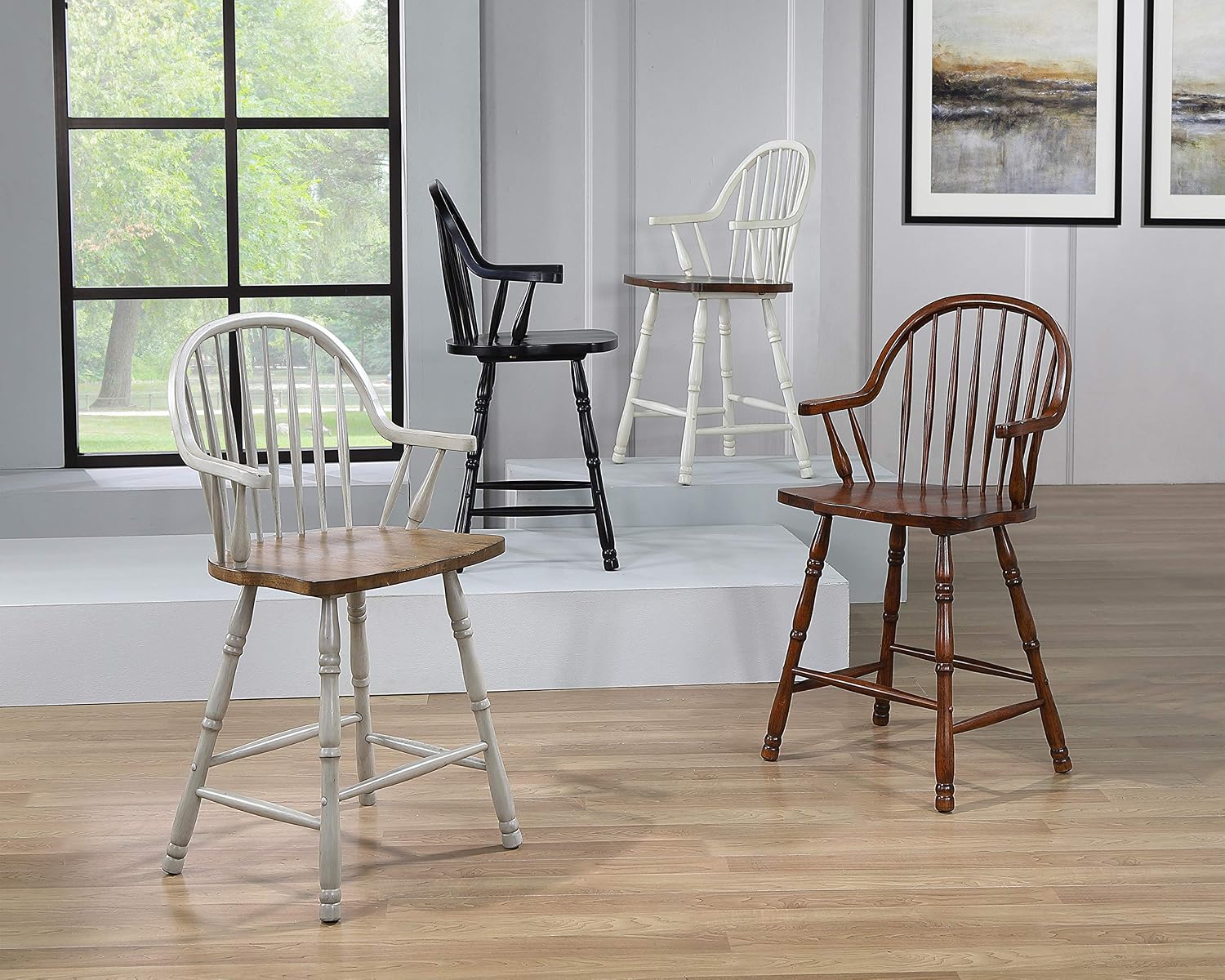 Sunset Trading Andrews 24" Windsor Barstool with Arms | Counter Height Stool | Antique White and Chestnut Brown | Set of 2