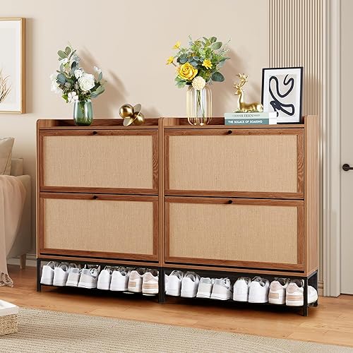 Miniatura 7 de LEVNARY Zapatero con 2 cajones abatibles, estantes estrechos de madera para zapatos, organizador de zapatos independiente oculto con patas de metal