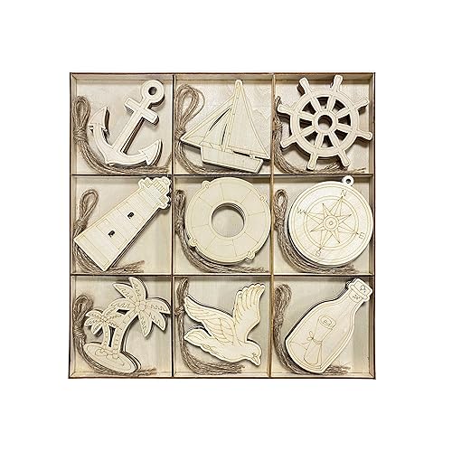 45 Pack Unfinished Nautical Wood Cutouts for Crafts, Wooden Anchor,Sailboat,Ship