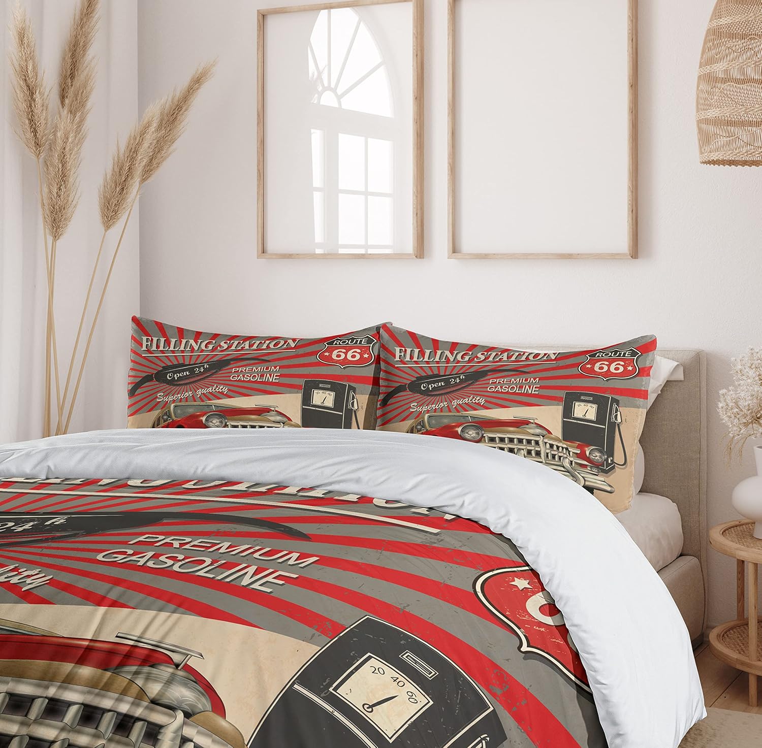 Ambesonne Cars Duvet Cover Set, Poster Style Image Gasoline Station Commercial Element Route 66 IllustrationPrint, Decorative 2 Piece Bedding Set with 1 Pillow Sham, Twin Size, Vermilion Beige Twin Vermilion Beige