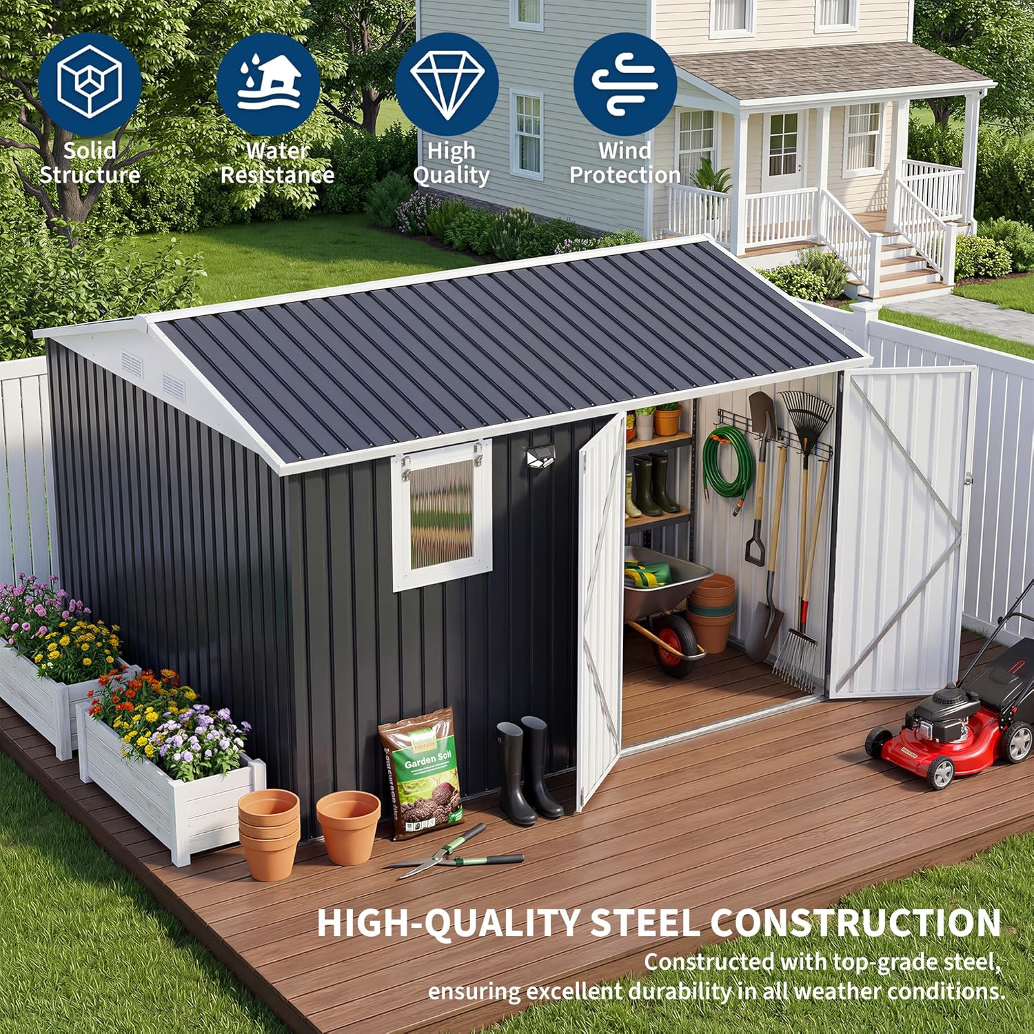 GarveeLife 10x8FT Outdoor Storage Shed with Pushable Window - LED Lamp, Pegboard, Metal Garden Shed with Sloping Roof, Breathable Vent, and Lockable Doors