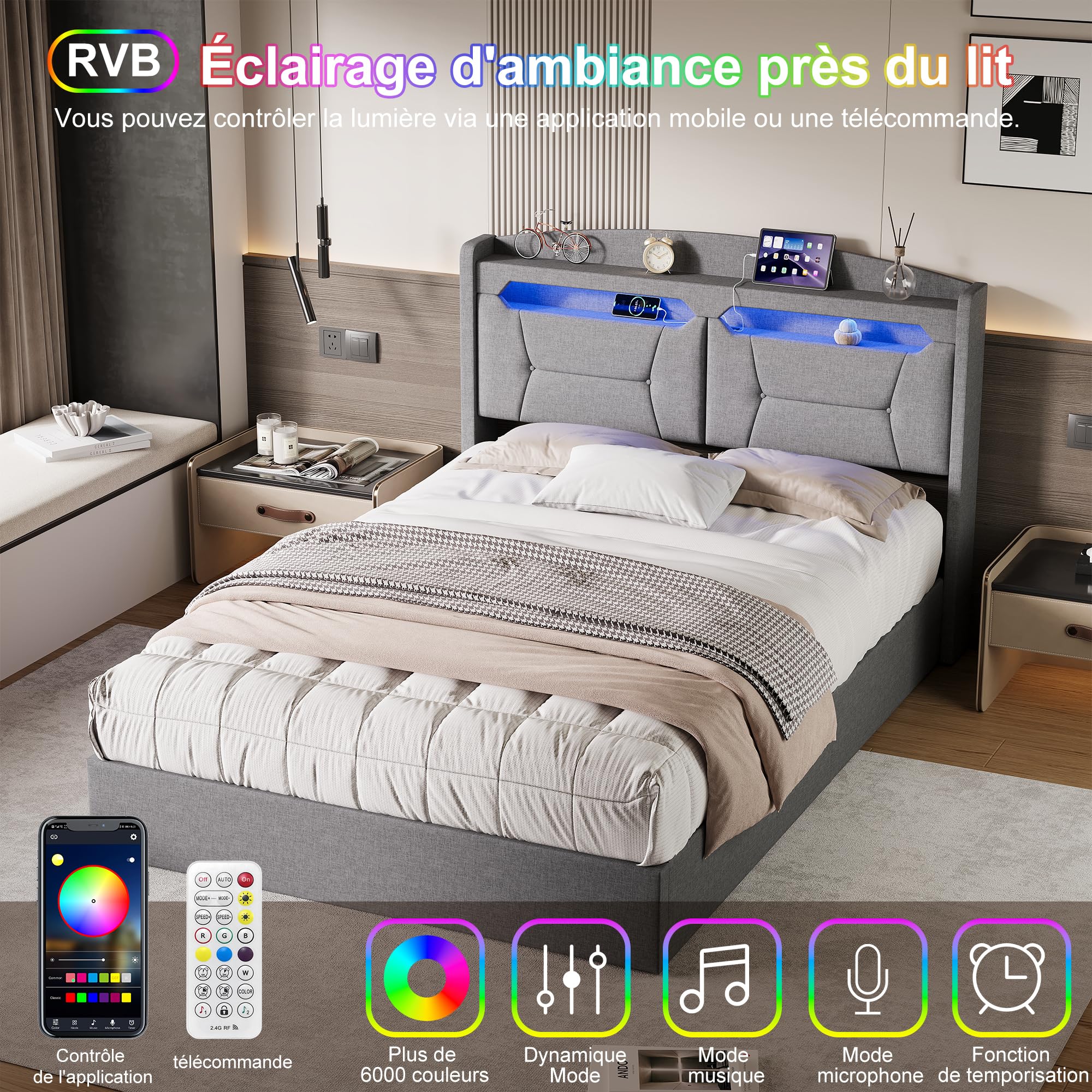 Letto con Cassetto 140x200 con LED e USB, Letto per 2 Persone con Testiera Imbottita e Spazio di Archiviazione, Letto Matrimoniale con Rete a Doghe per Adulti e Adolescenti, senza Materasso