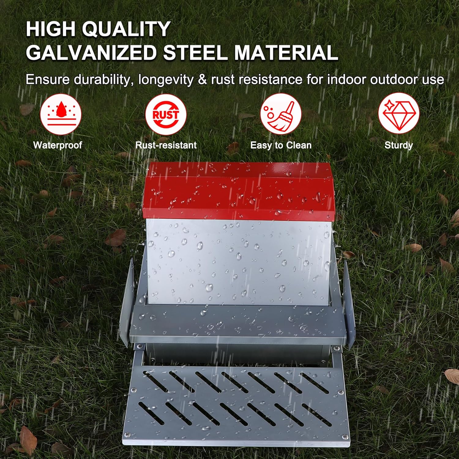 25lbs Automatic Chicken Feeder-Metal Treadle Poultry Feeder, No Waste Rat Proof Chicken Feeder with Sturdy Galvanized Steel Build and Weatherproof Locking Lid for Duck, Fowl, Pheasant Outdoor