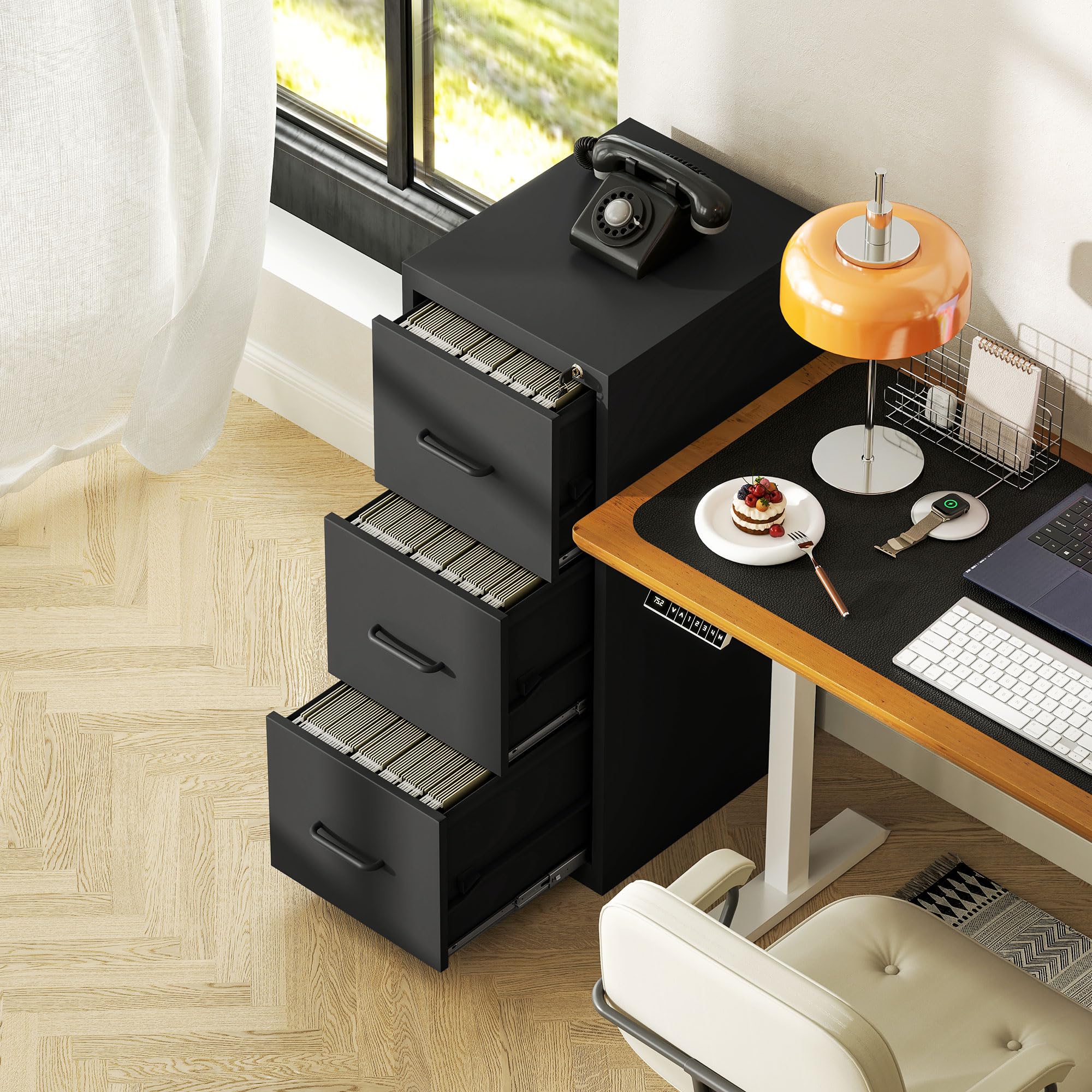 HOMCOM Schedario da Ufficio a 3 Cassetti con Barra Regolabile, Cassettiera in Acciaio per Documenti, Perfetto per Ufficio, Casa e Studio, 36.5x46.2x99 cm, Nero