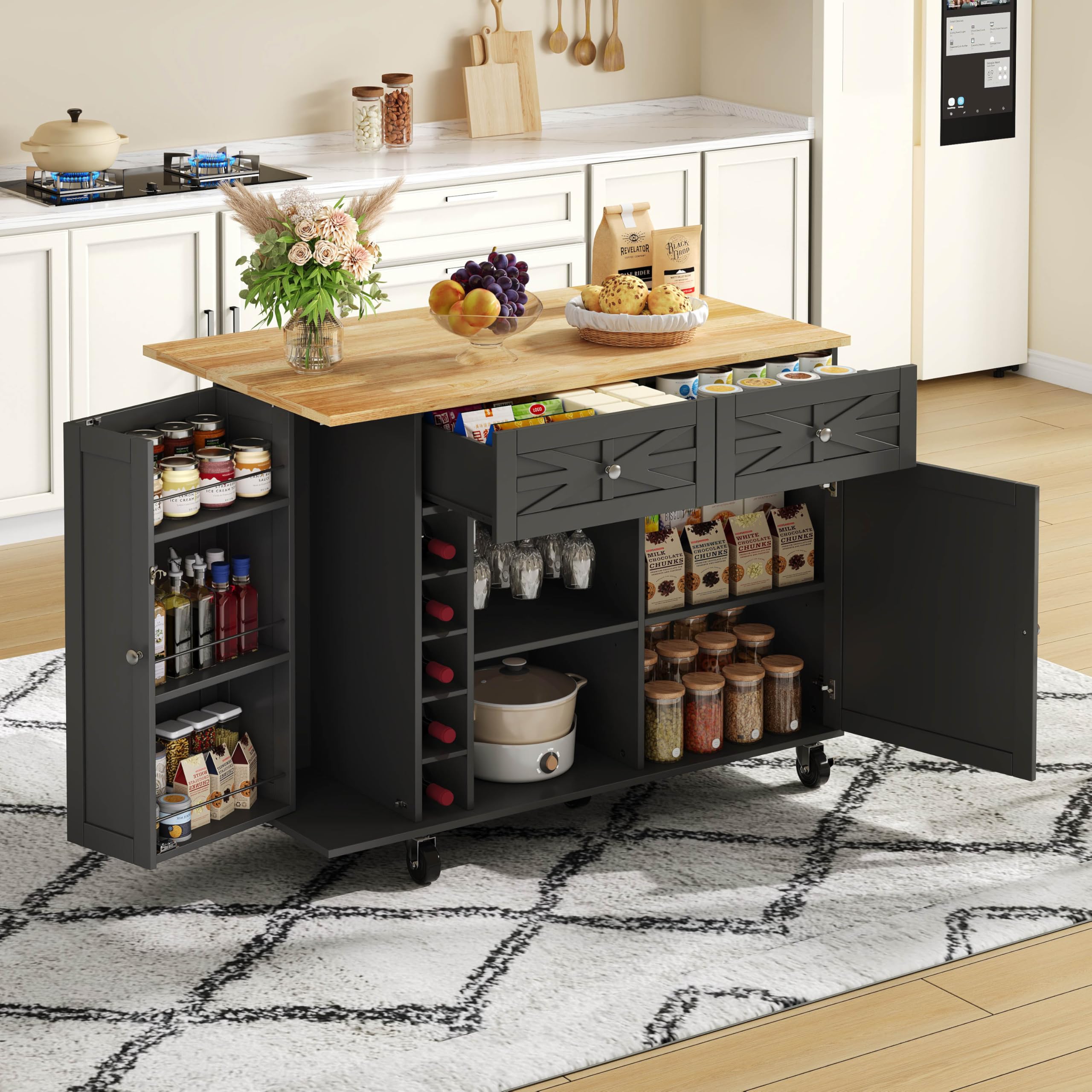 Generisch Isla de cocina plegable con ruedas, espacio de almacenamiento, color negro, 120 x 70 x 89 cm