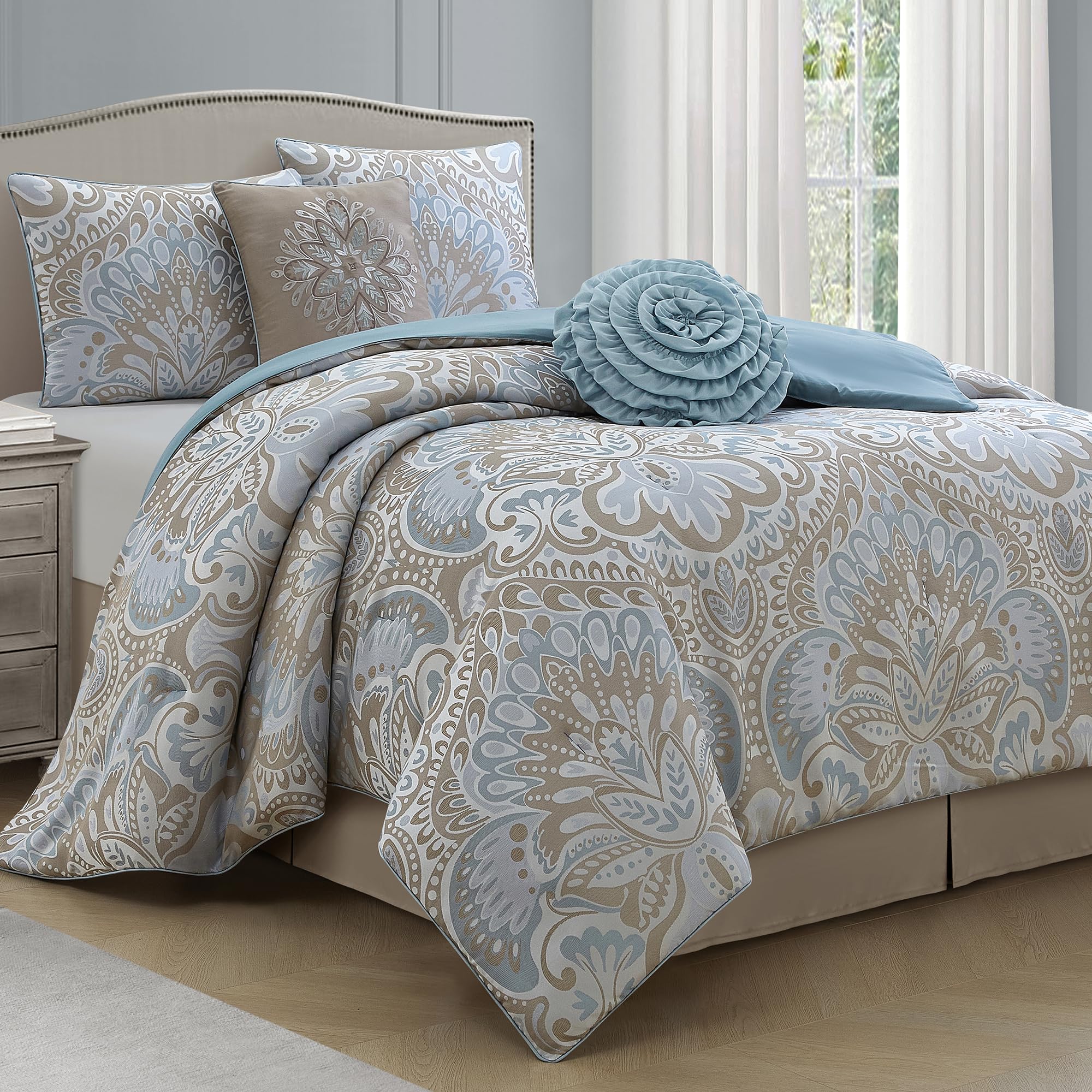 LANCO MODERN LIFESTYLE Blue Gold 6 Piece Comforter Set, California King, Elegant Floral Jacquard, Soft Bed Set for All Seasons, Bed in a Bag with