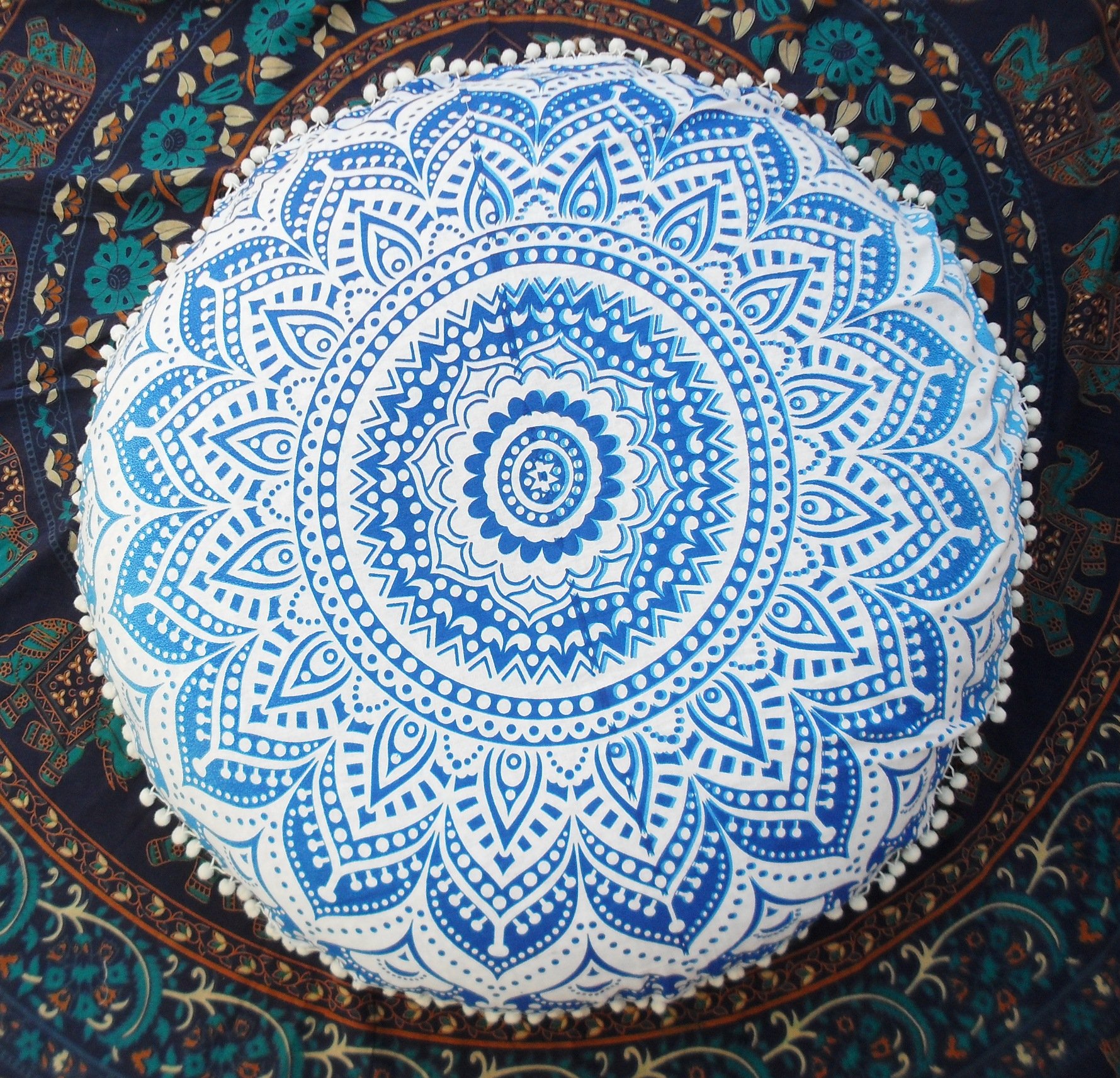 Housse de coussin d'extérieur à pompons style mandala indien bleu