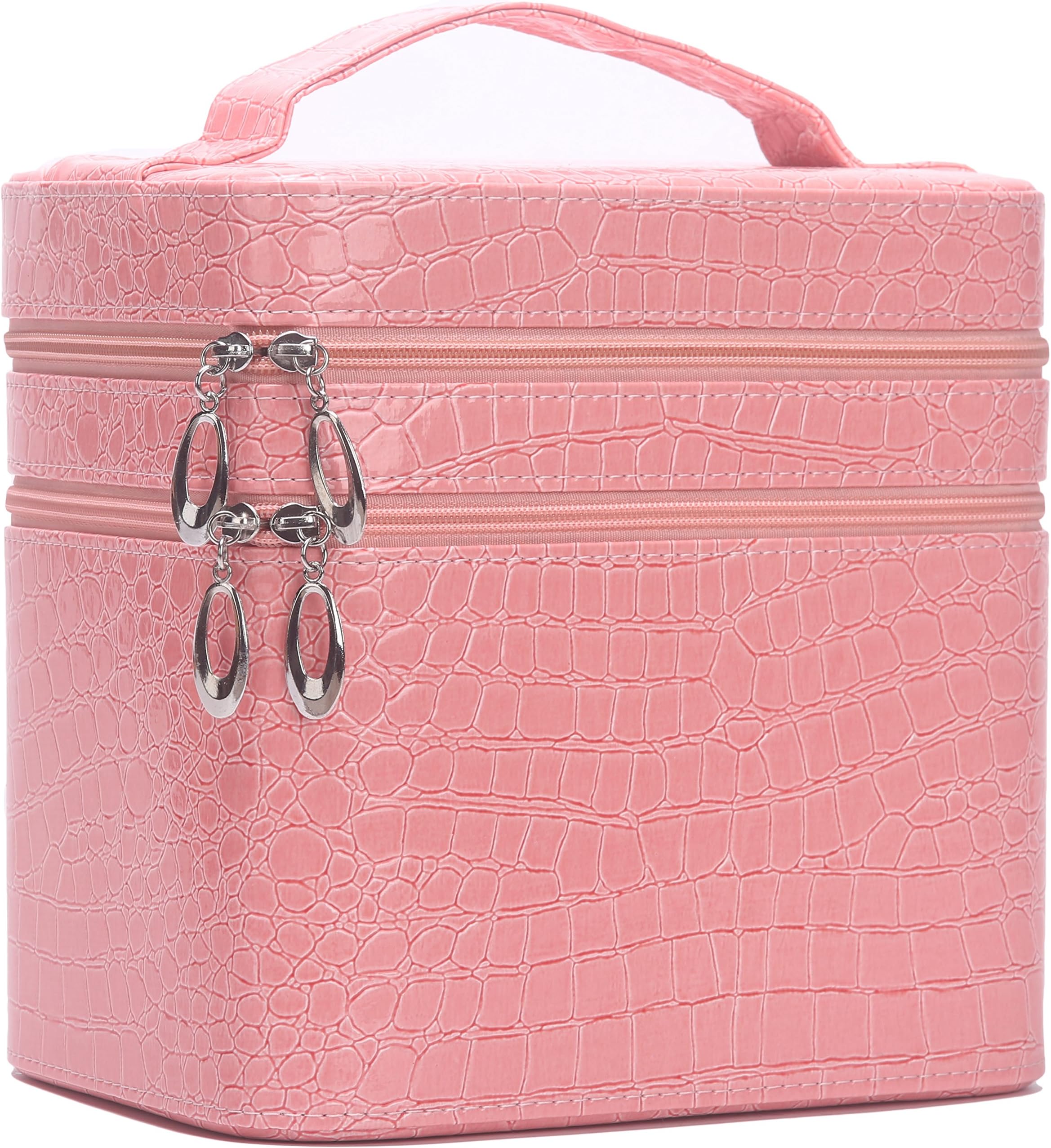 HOYOFO Cosmetic Bag Makeup Case Mirror Double Layer Makeup Case Organizer Box, Pink