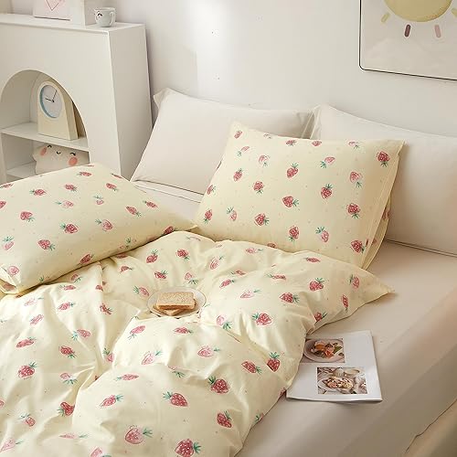 Miniatura 4 de AOJIM Juego de funda de edredón de algodón puro estilo kawaii de 3 piezas para niños y adultos, suave y lindo juego de funda de edredón de fresa, 1