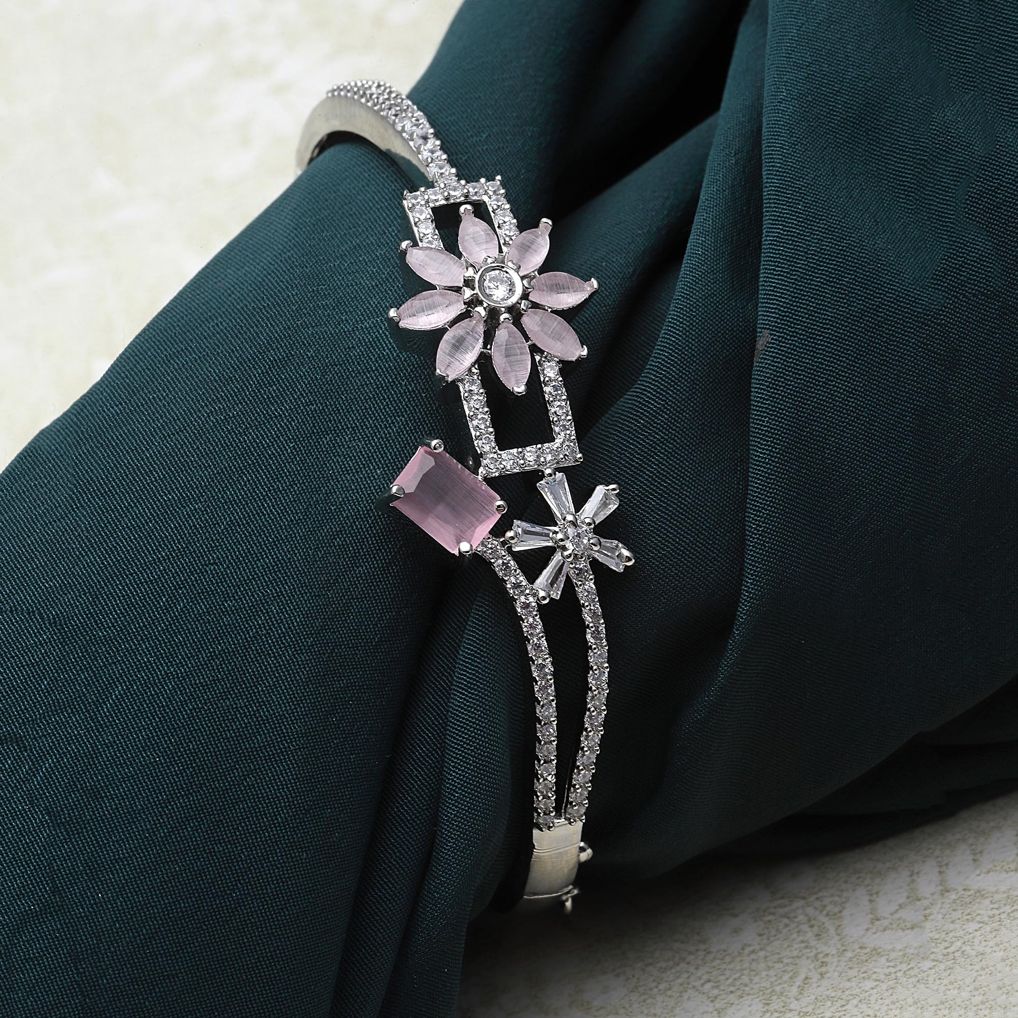 Rhodium-Plated AD Leaf Shaped Kada Bracelet (Sea Green)