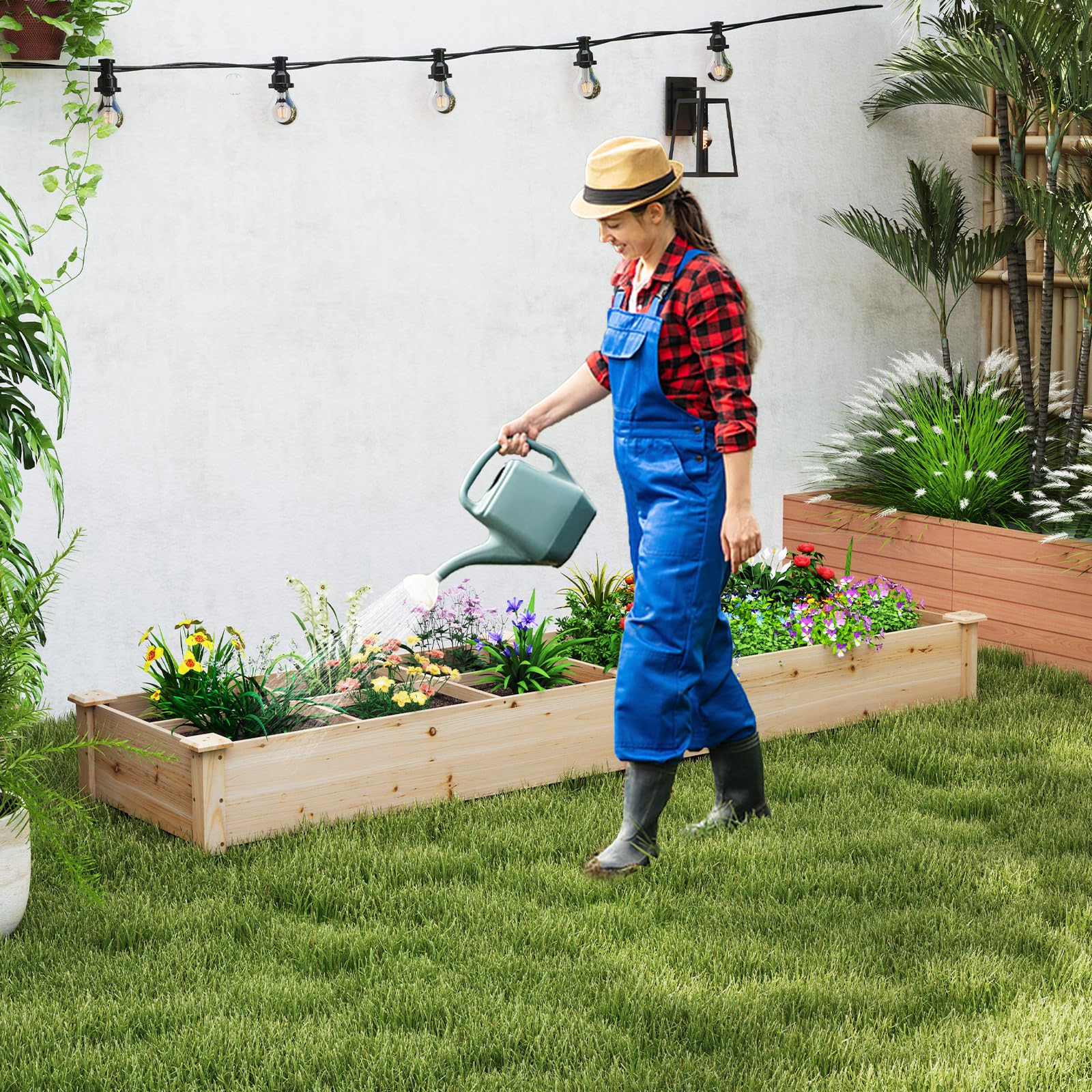 COSTWAY Lettino da Giardino Elevato in Legno con 2 Scatole per Piante e Separatori, Fioriera da Giardino Rialzato in Legno Massiccio da 228 cm per Fiori, Verdure, Frutta e Erbe (Naturale)