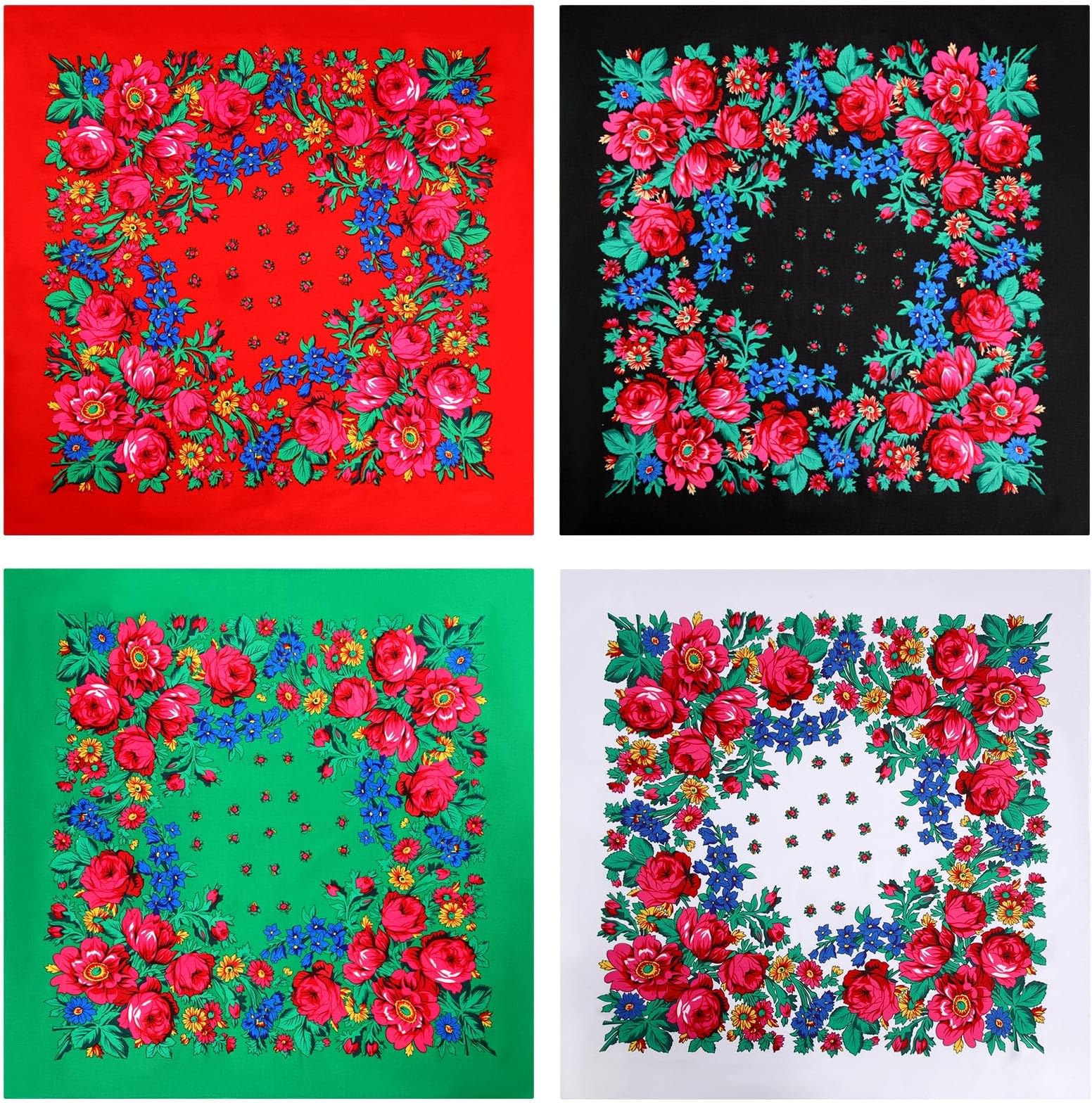 4 Pcs Russian Ethnic Square Hair Head Scarf Printed Polyester Flower Neck Scarf for Women
