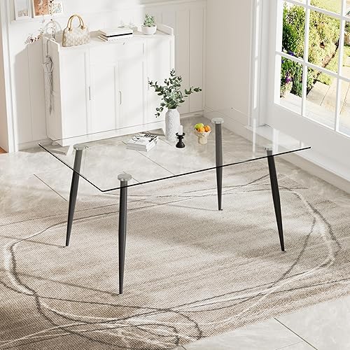 Miniatura 3 de Baysitone Mesa de comedor de cristal para 4 personas con tapa de vidrio rectangular transparente de 51 pulgadas, muebles de cocina de vidrio