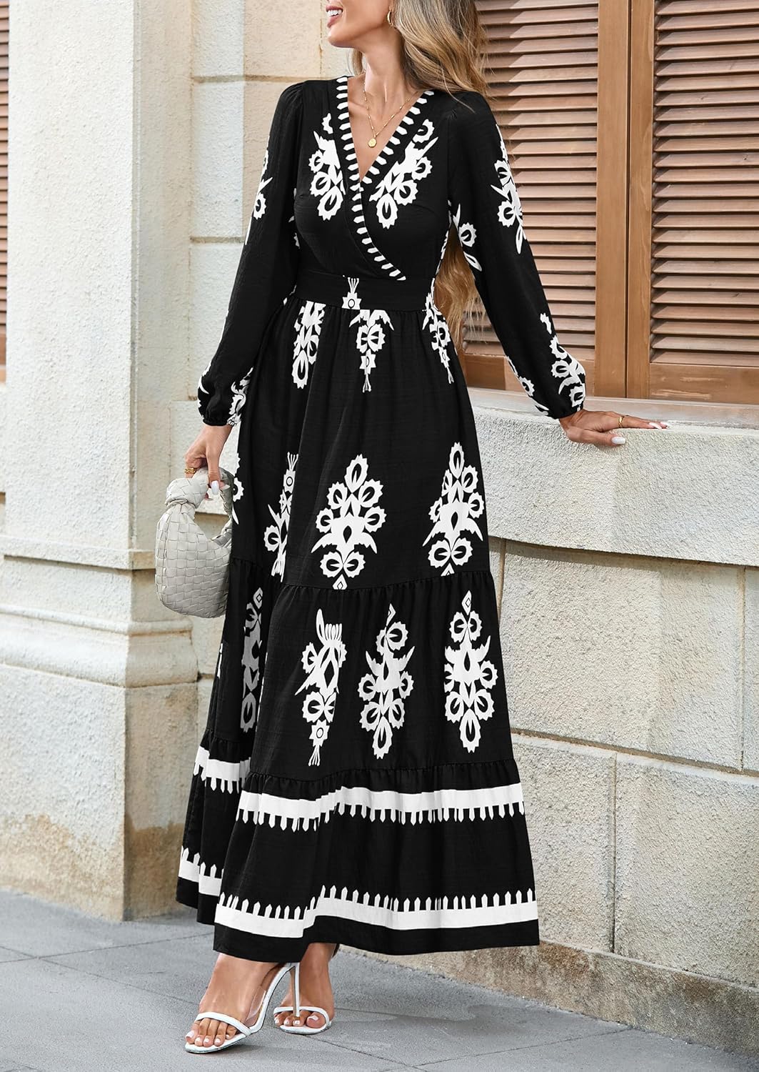 PRETTYGARDEN Women's 2026 Fall Wedding Guest Dresses Boho Floral Long Sleeve V Neck Flowy Elegant Maxi Dress Beach Clothes