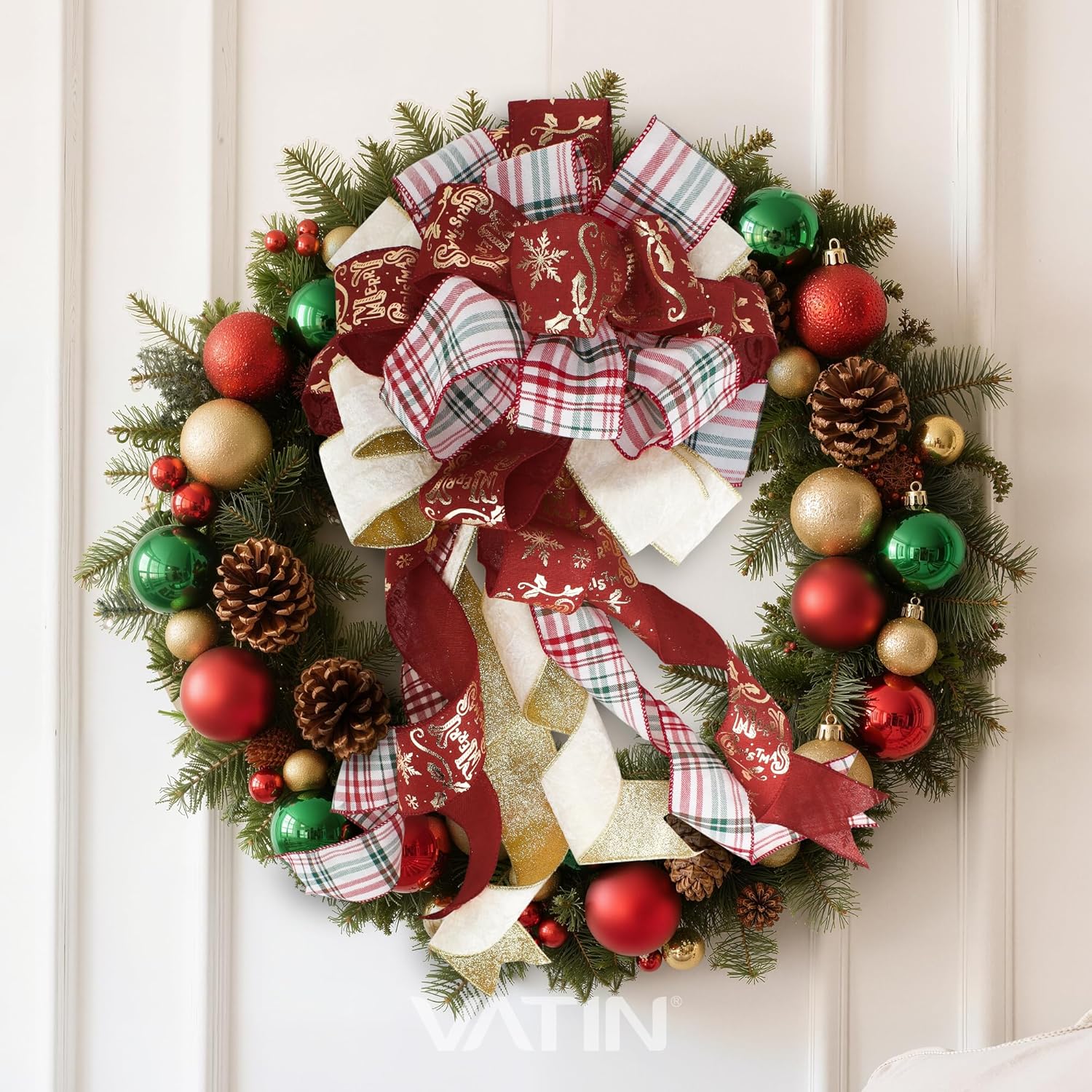 VATIN Christmas Ribbon, 2.5 inch Width, Gold Snowflake Swiss Dots Holly Pattern, Red Linen-Look Fabric, Single-Sided Print, 10 Yards