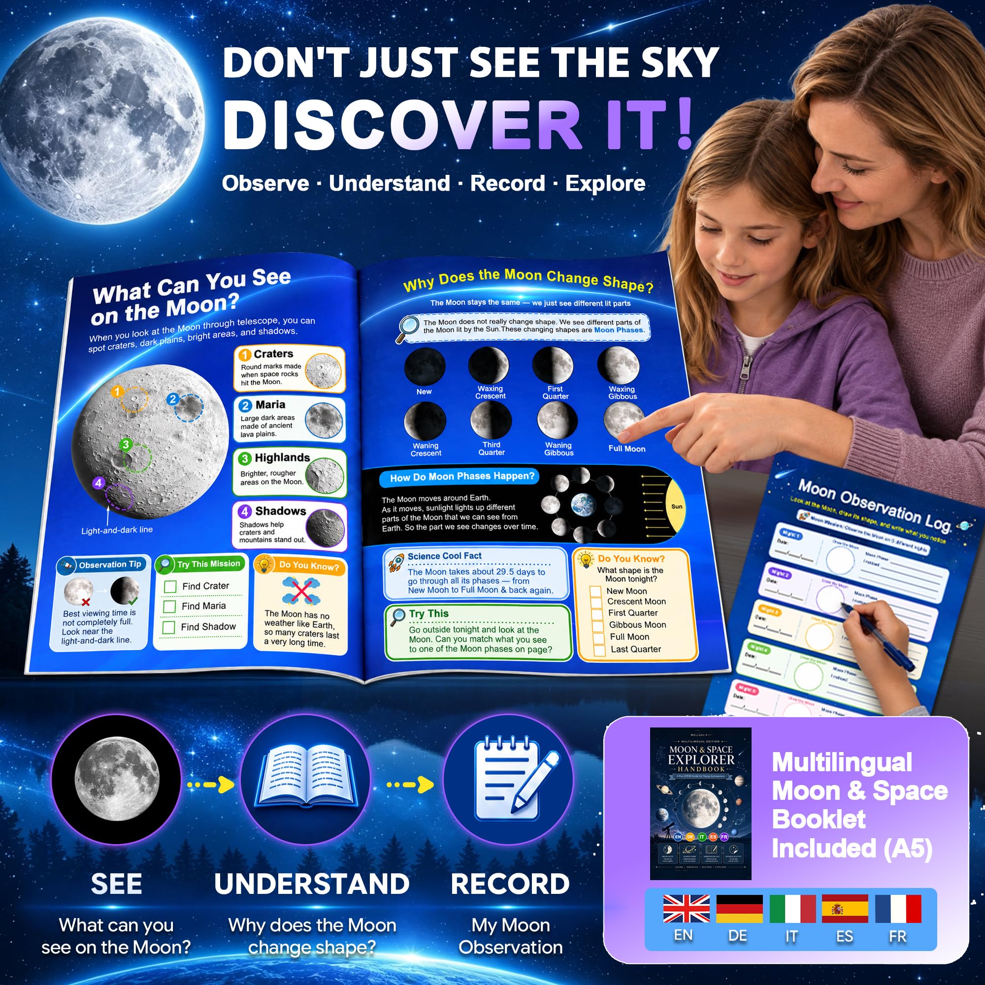 Telescopio Astronomico Bambini e Adulti 80/500 mm, Rifrattore Telescopio Portatile Bianco Viola con 6 Set di Adesivi, Libretto Luna e Pianeti, Supporto Smartphone e Zaino Portatile