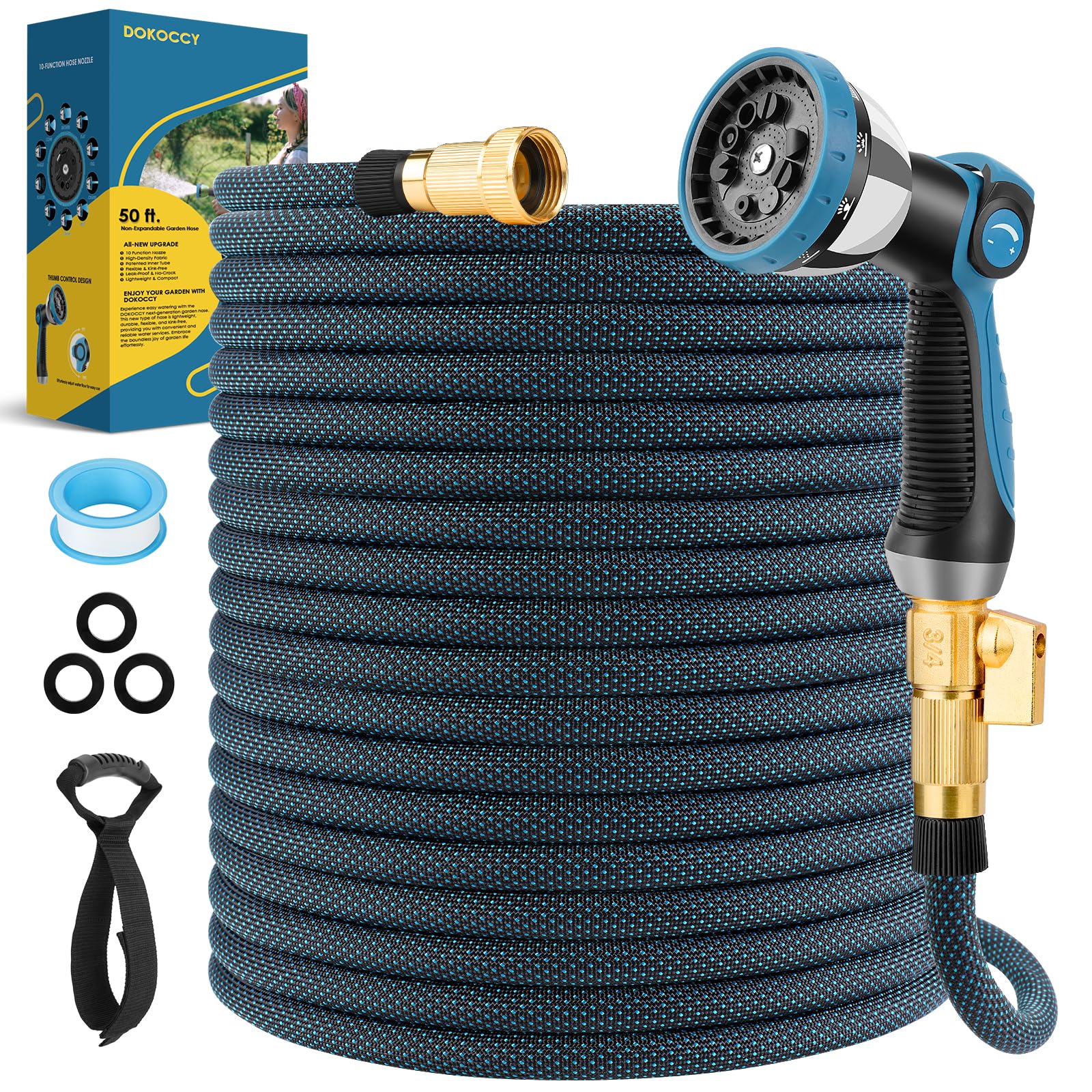 DOKOCCY Non-Expanding Garden Hose 50 ft, Flexible Water Hose with 10 Function Spray Nozzle, Lightweight Hose Pipe, Leak-Proof, Durable, Kink-Resistant, 3/4 Inch Connector, Portable Storage Strap